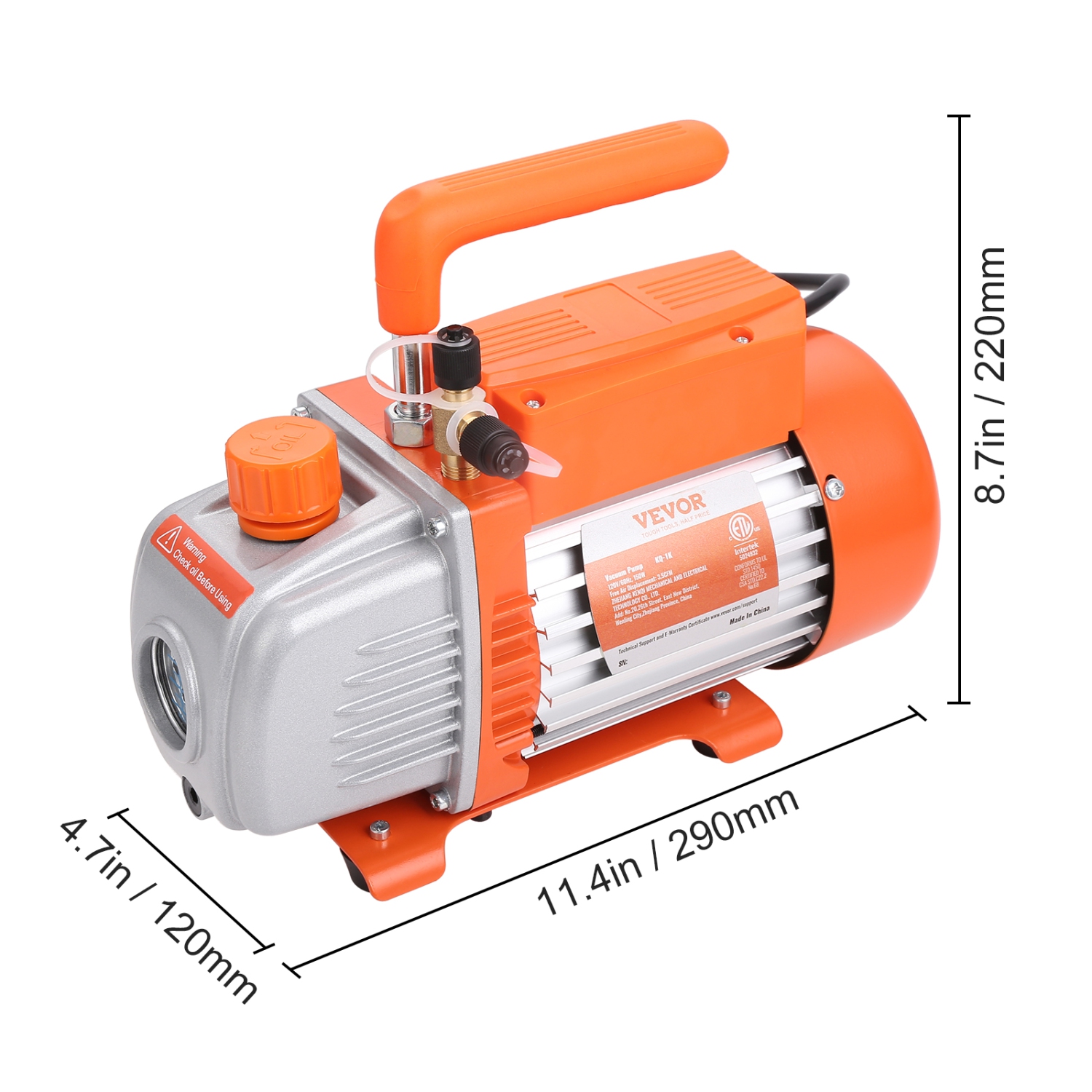 Pompe à vide VEVOR 1/5 1/2 HP monophase, 3,5 pi3/min, pompe à vide de climatiseur 120&nbsp;V, entrée mâle 1/4 SAE, pour réparation CVC, entretien de