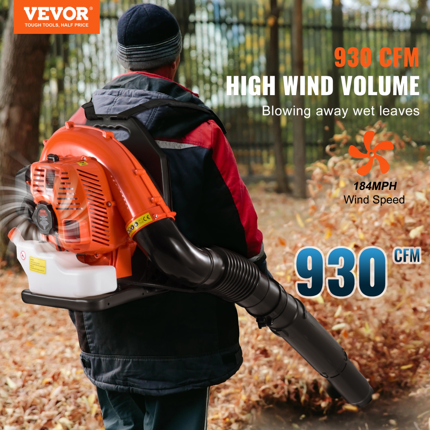 VEVOR 79CC Backpack Leaf Blower, 2-Cycle Gas Leaf Blower with 3L Fuel Tank, 930CFM Air Volume 184MPH Speed, Ideal for Lawn Care, Leaf Cleaning, and