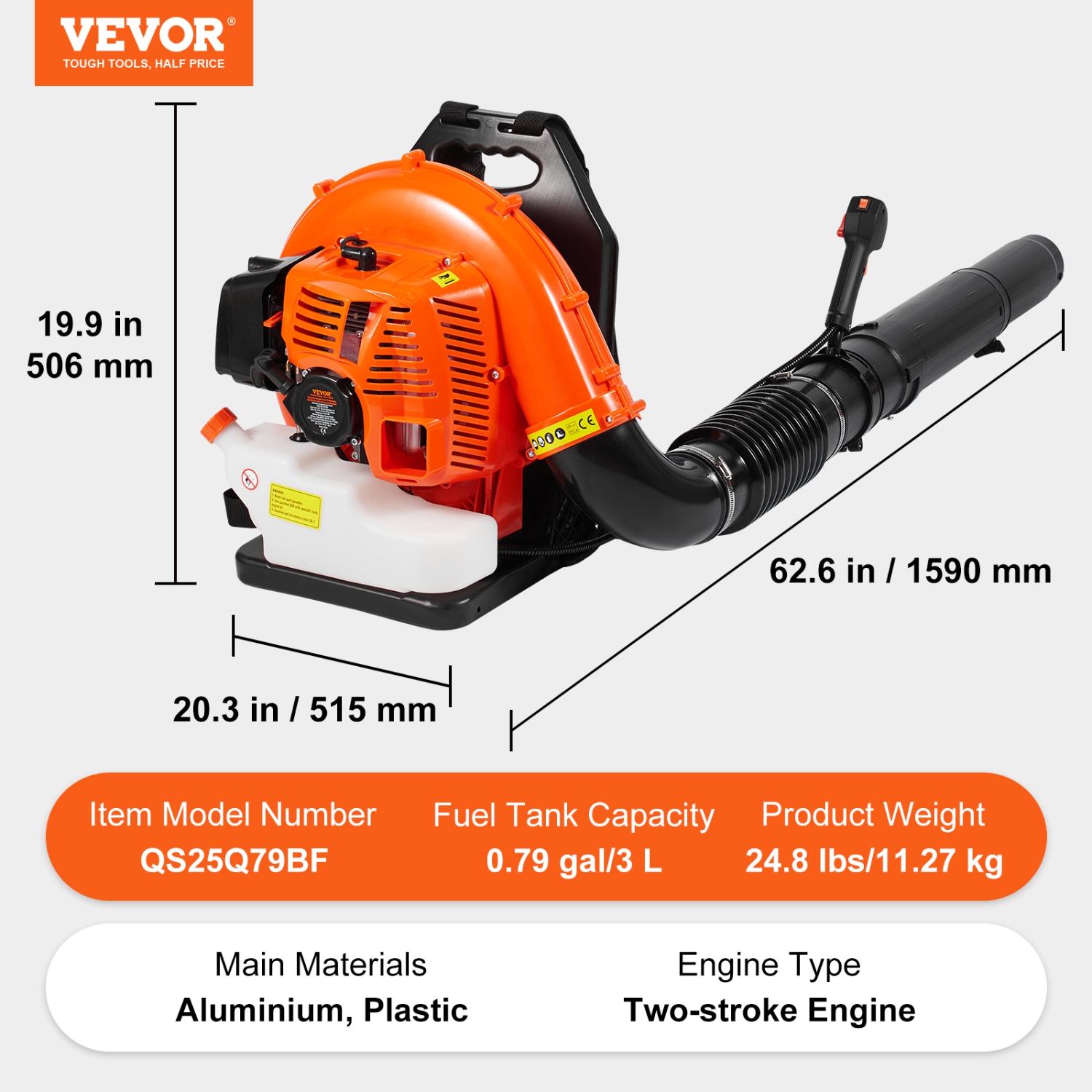 VEVOR 79CC Backpack Leaf Blower, 2-Cycle Gas Leaf Blower with 3L Fuel Tank, 930CFM Air Volume 184MPH Speed, Ideal for Lawn Care, Leaf Cleaning, and