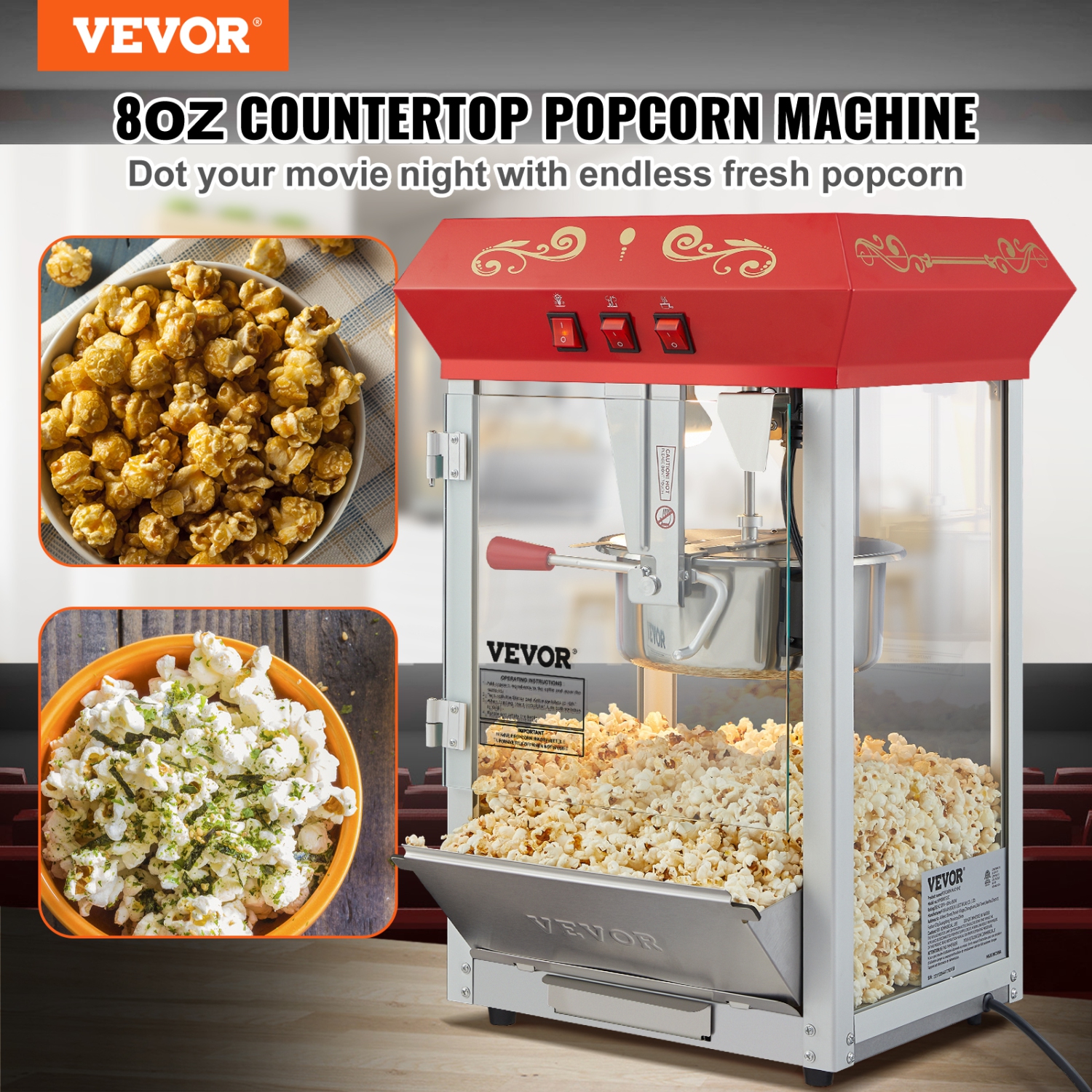 VEVOR 850W Popcorn Maker, Popcorn Popper Machine, 8 Oz Kettle Makes 48 Cups per Batch, Countertop Popcorn Maker with Tempered Glass, Includes 4