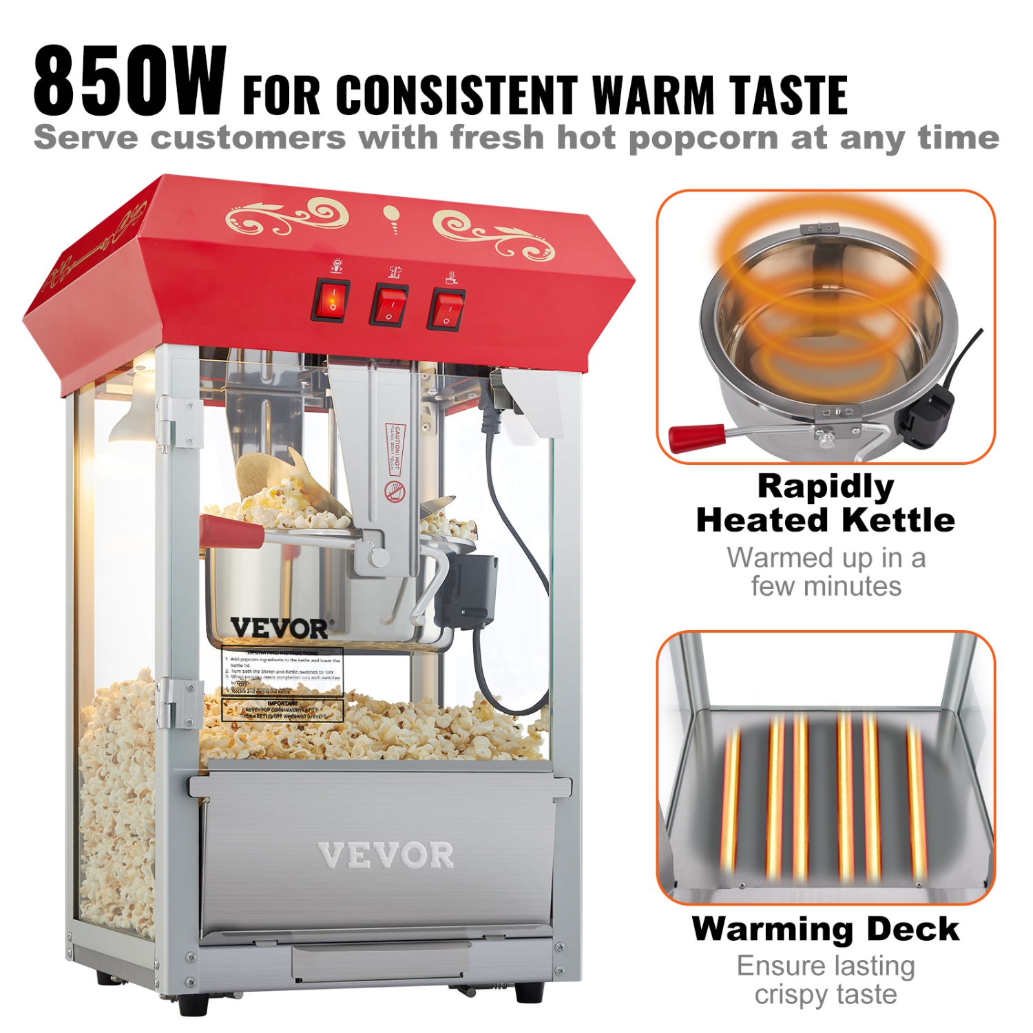 VEVOR 850W Popcorn Maker, Popcorn Popper Machine, 8 Oz Kettle Makes 48 Cups per Batch, Countertop Popcorn Maker with Tempered Glass, Includes 4