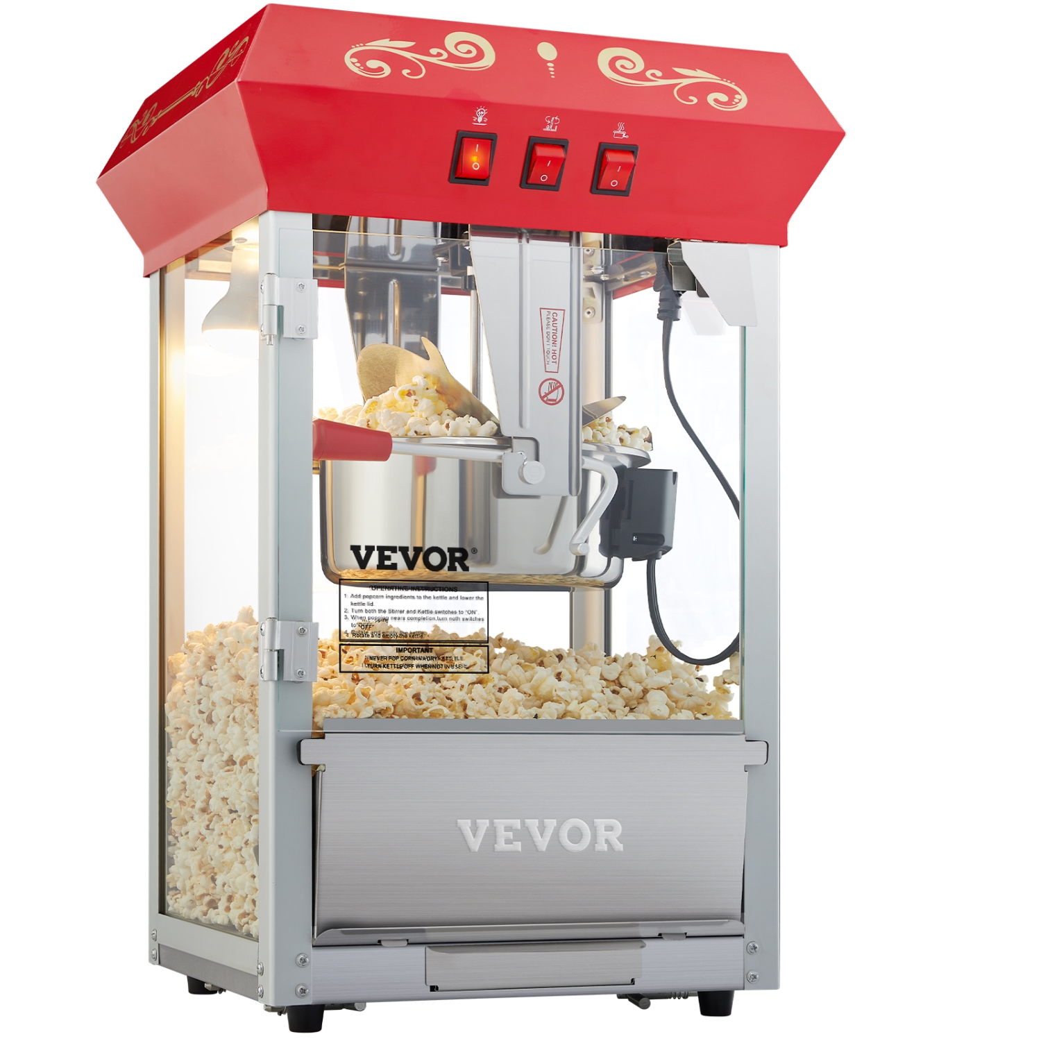VEVOR 850W Popcorn Maker, Popcorn Popper Machine, 8 Oz Kettle Makes 48 Cups per Batch, Countertop Popcorn Maker with Tempered Glass, Includes 4