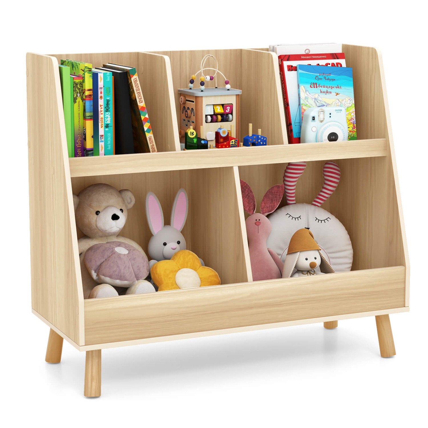 Costway 5-Cube Kids Bookshelf and Toy Organizer Wooden Storage Bookcase with Wood Legs