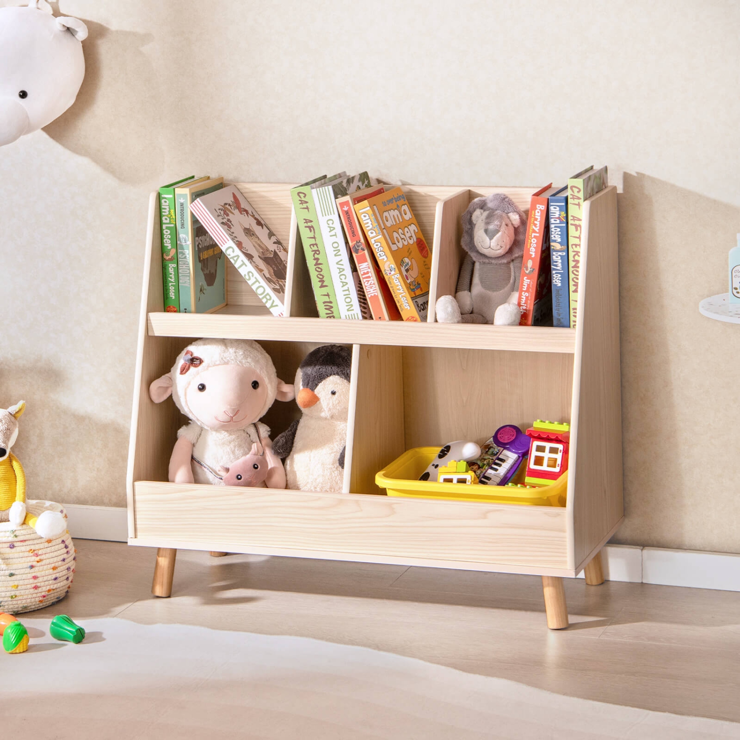 Costway 5-Cube Kids Bookshelf and Toy Organizer Wooden Storage Bookcase with Wood Legs