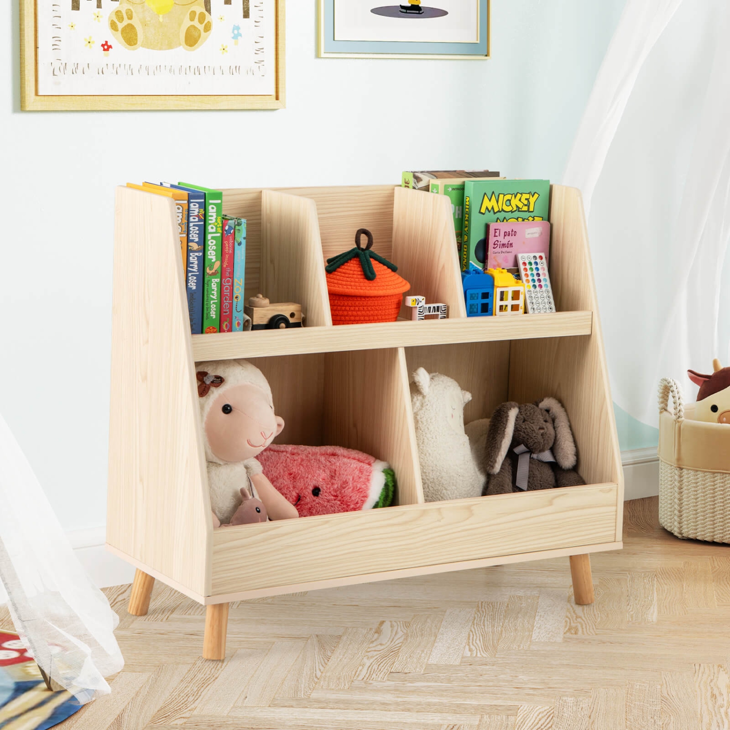 Costway 5-Cube Kids Bookshelf and Toy Organizer Wooden Storage Bookcase with Wood Legs