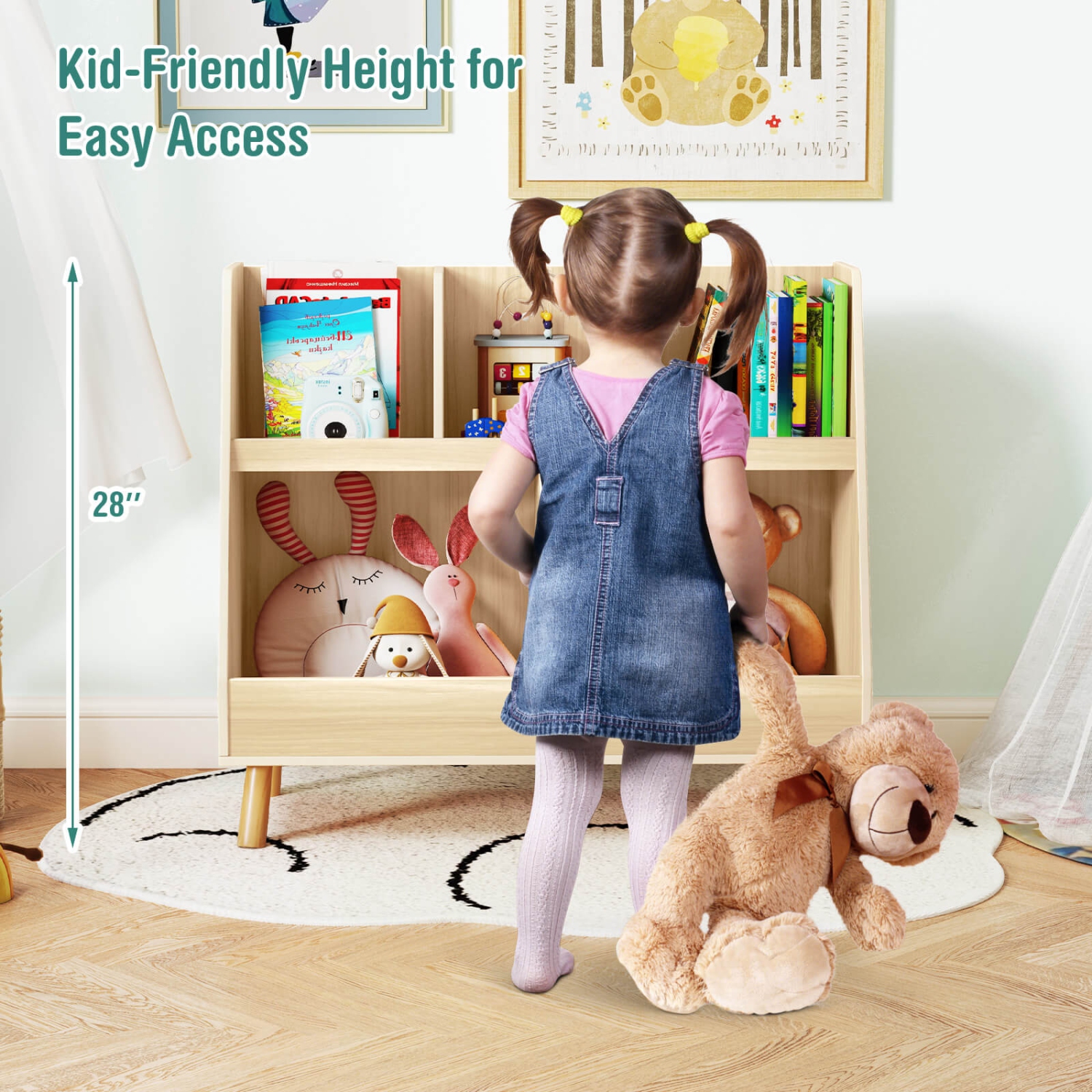 Costway 5-Cube Kids Bookshelf and Toy Organizer Wooden Storage Bookcase with Wood Legs