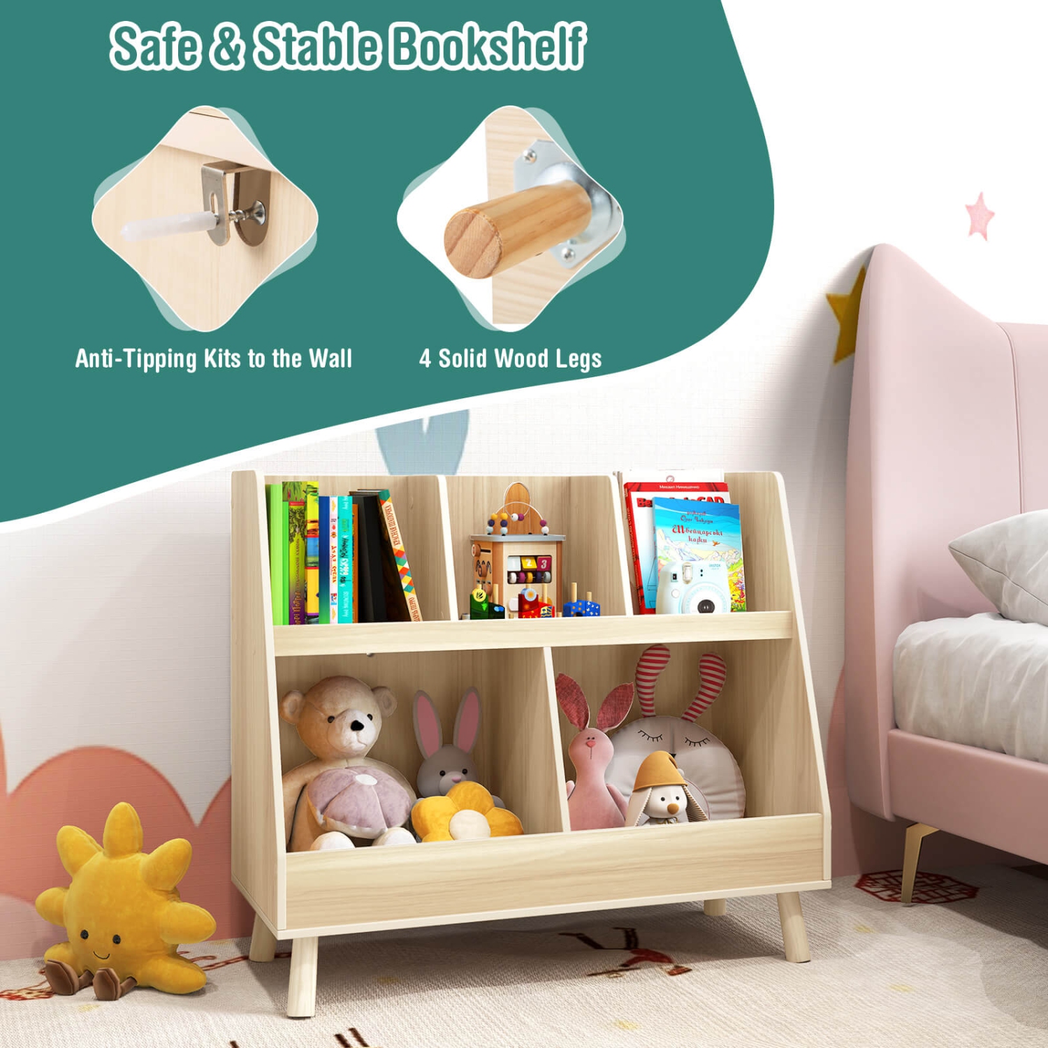 Costway 5-Cube Kids Bookshelf and Toy Organizer Wooden Storage Bookcase with Wood Legs