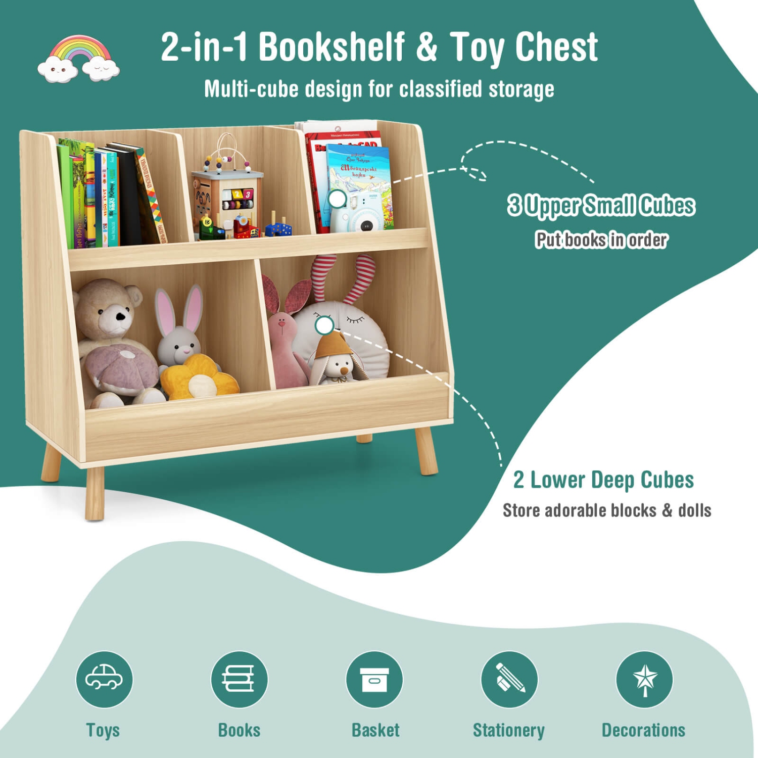 Costway 5-Cube Kids Bookshelf and Toy Organizer Wooden Storage Bookcase with Wood Legs