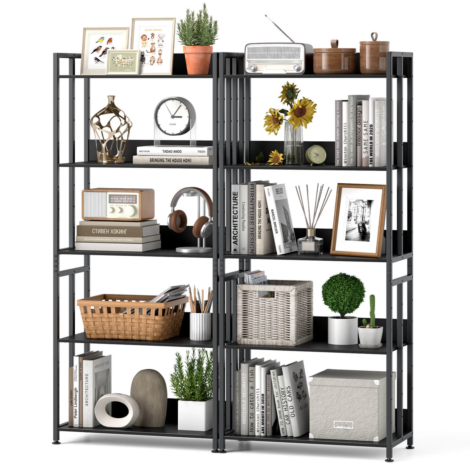 Bibliothèque à 5 niveaux de 62&nbsp;po de hauteur avec tablettes inclinables 2 PCS de Costway