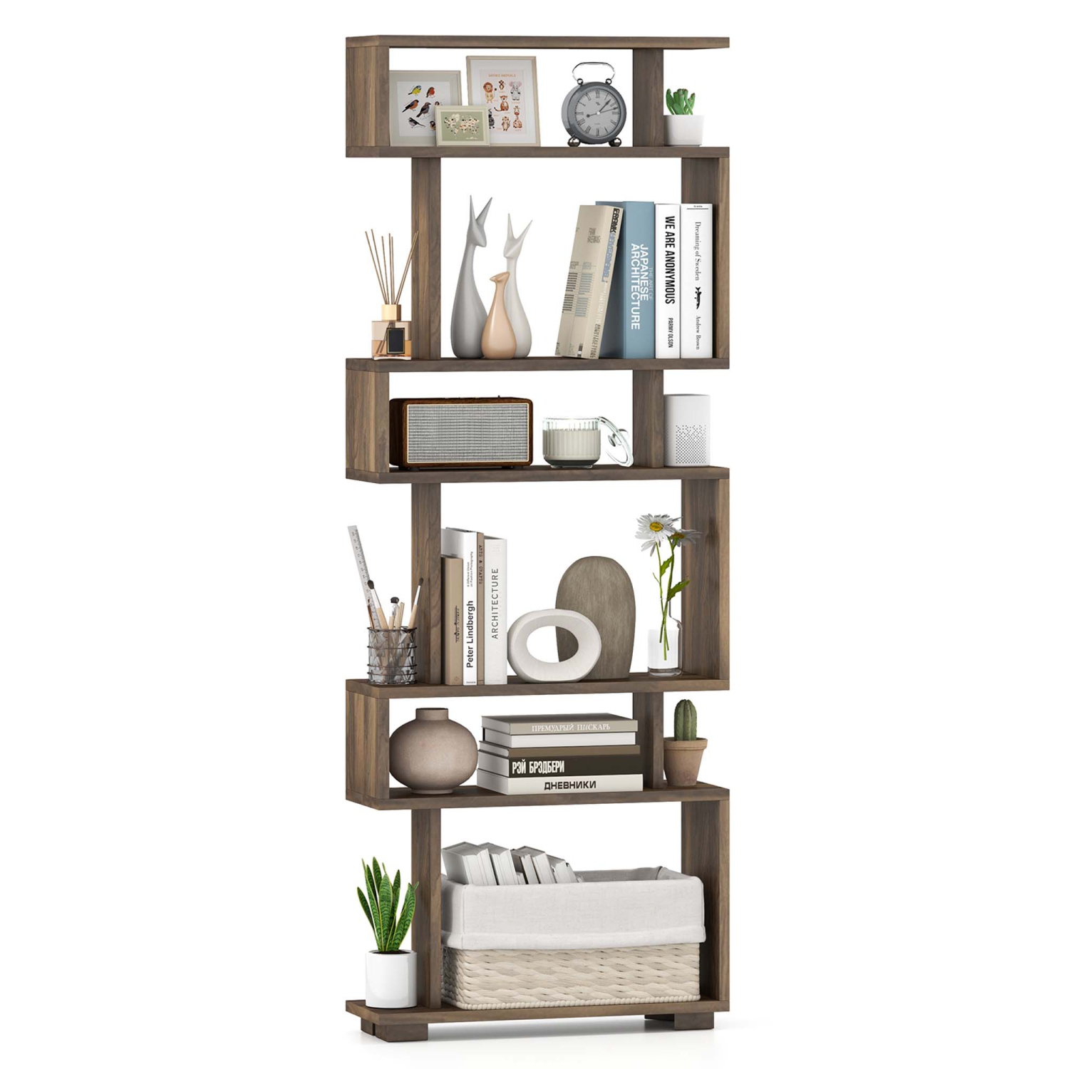 Costway 1 PCS Bookcase 6-Tier Bookshelf with Anti-Tipping Kit Freestanding Display Shelf Black/White/Brown