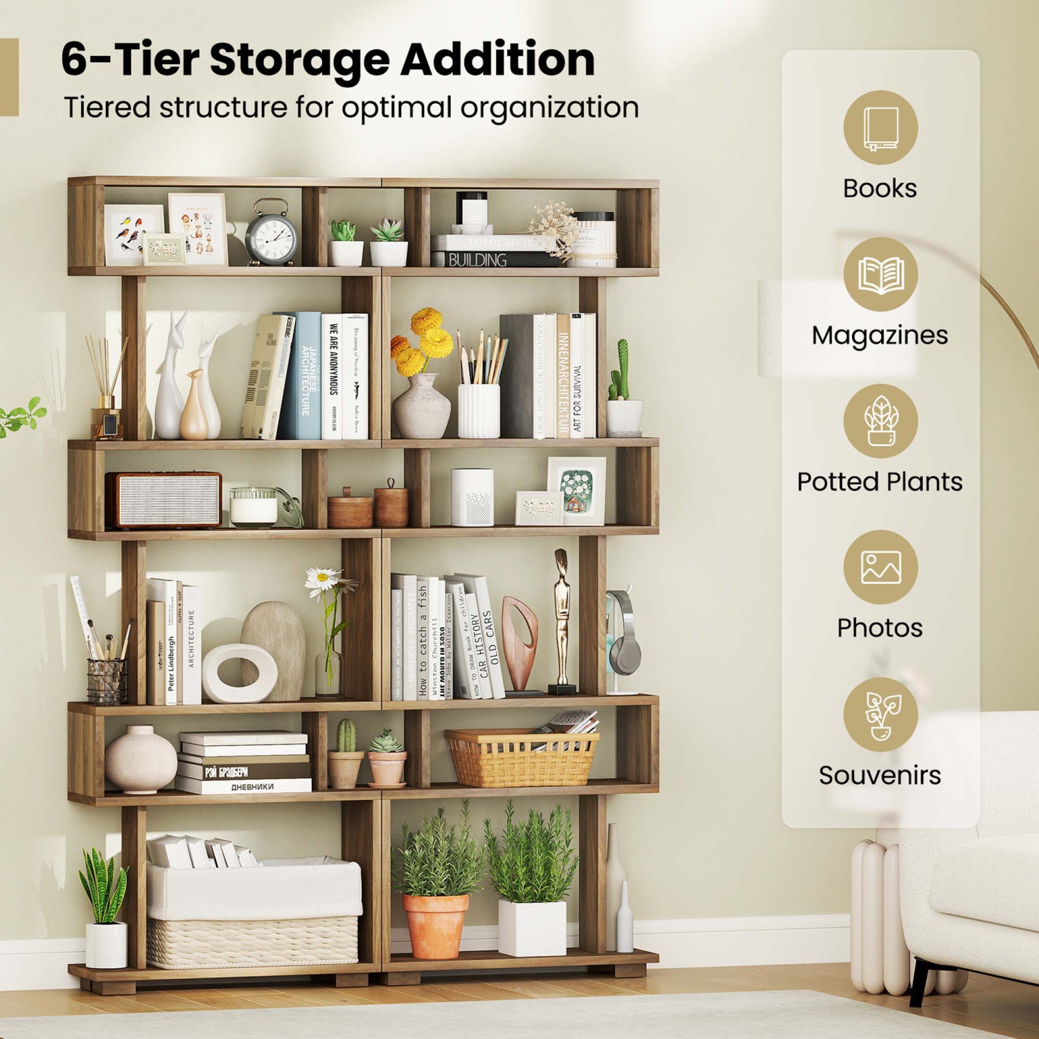 Costway 1 PCS Bookcase 6-Tier Bookshelf with Anti-Tipping Kit Freestanding Display Shelf Black/White/Brown