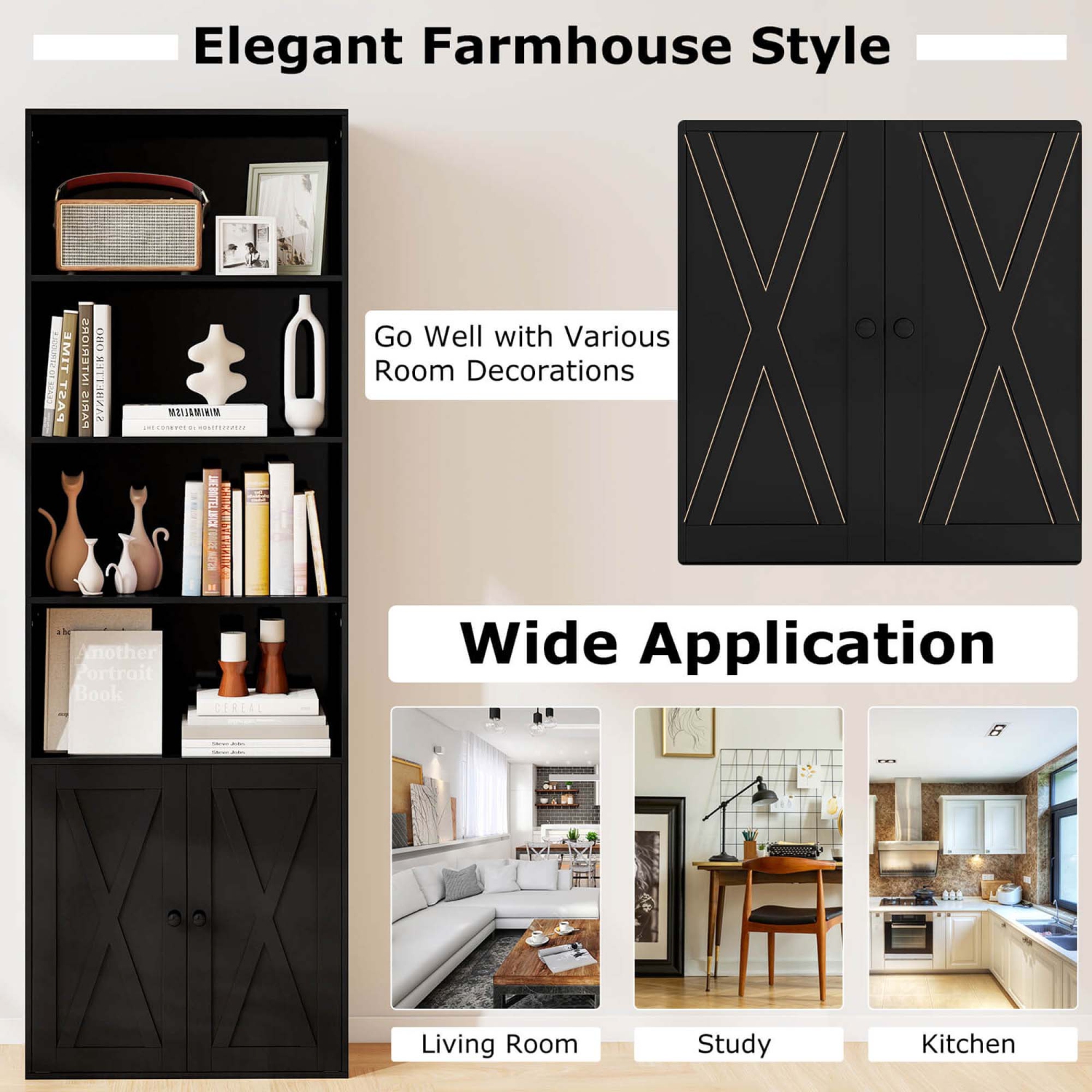 Bibliothèque Farmhouse de 71&nbsp;po de Costway avec portes, 6 tablettes et armoire à 2 portes pour chambre à coucher, blanc/noir