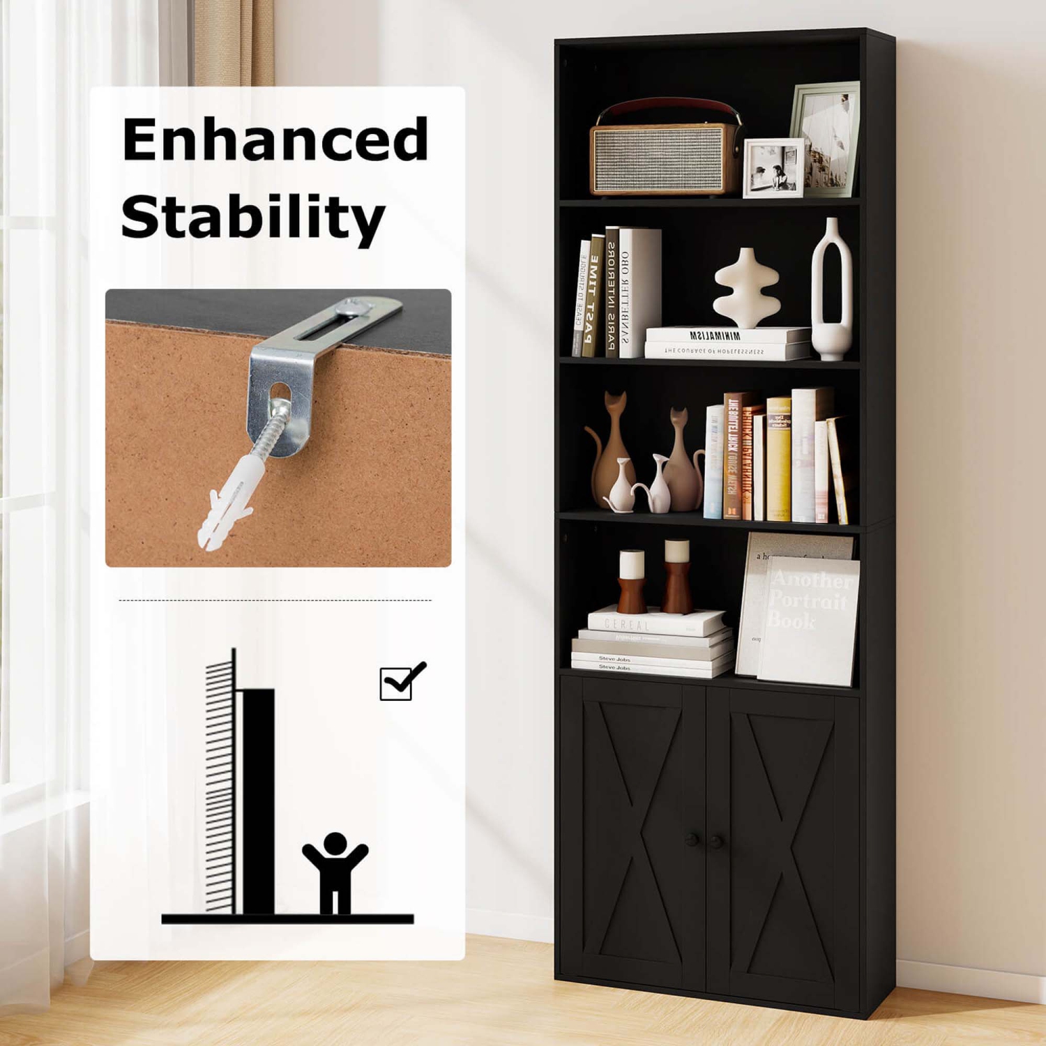 Bibliothèque Farmhouse de 71&nbsp;po de Costway avec portes, 6 tablettes et armoire à 2 portes pour chambre à coucher, blanc/noir