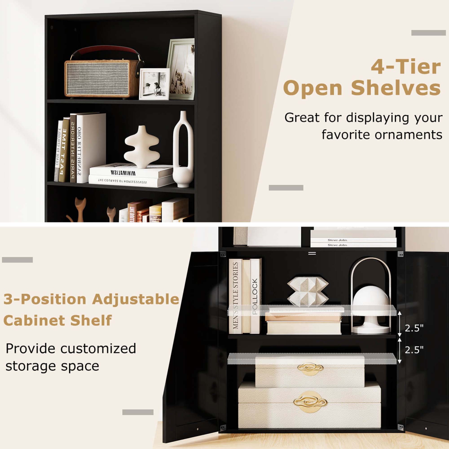 Bibliothèque Farmhouse de 71&nbsp;po de Costway avec portes, 6 tablettes et armoire à 2 portes pour chambre à coucher, blanc/noir