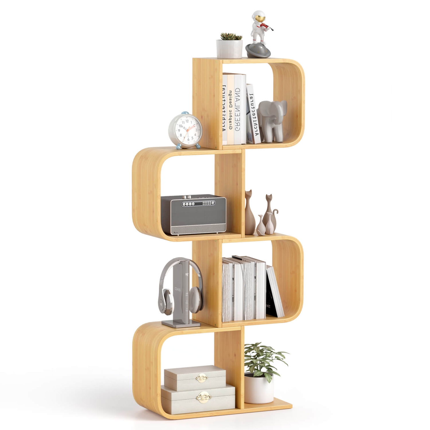 Costway 1/2 PCS 4-Tier S-Shaped Bookcase with 4 Open Cubes Geometric Corner Display Shelf