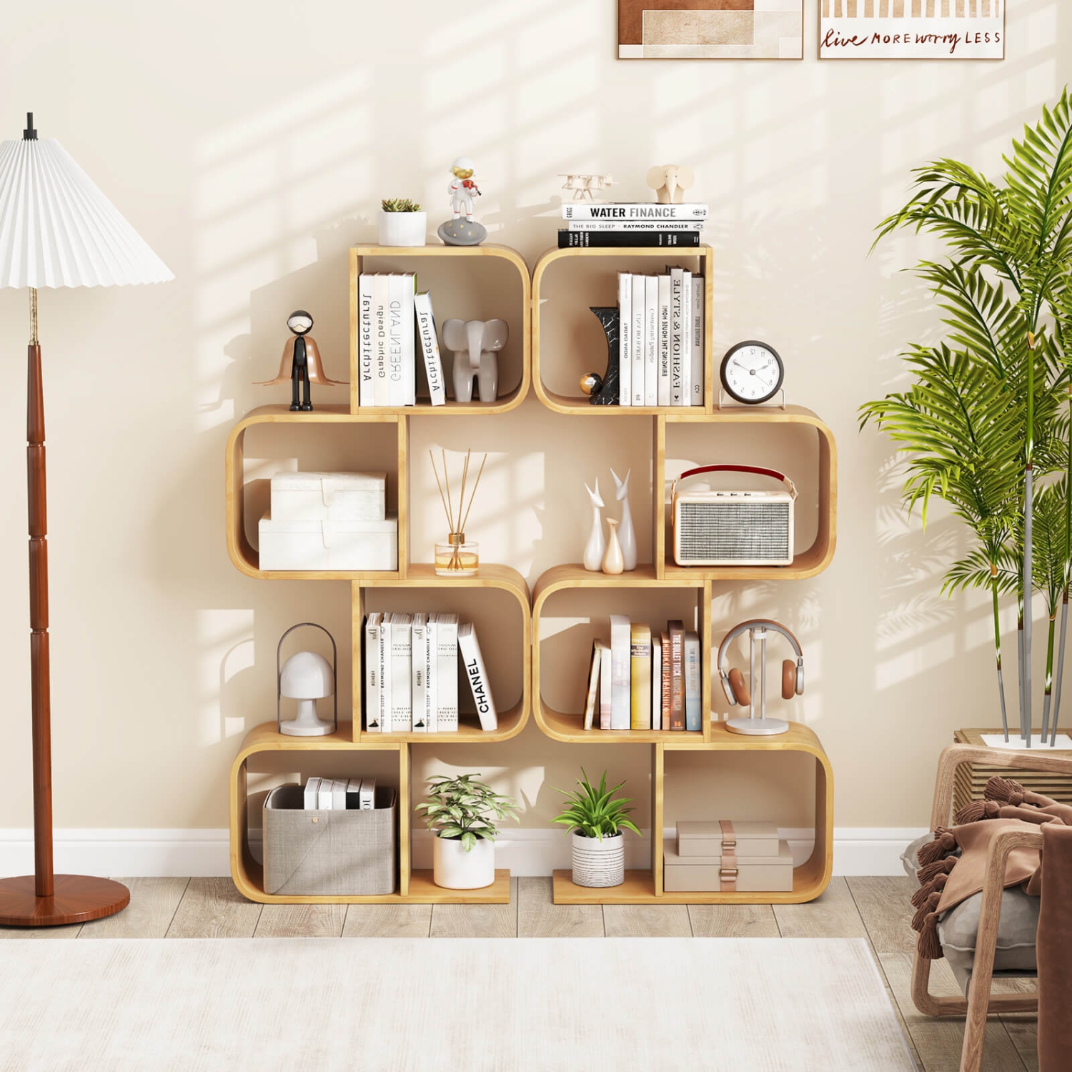 Costway 1/2 PCS 4-Tier S-Shaped Bookcase with 4 Open Cubes Geometric Corner Display Shelf