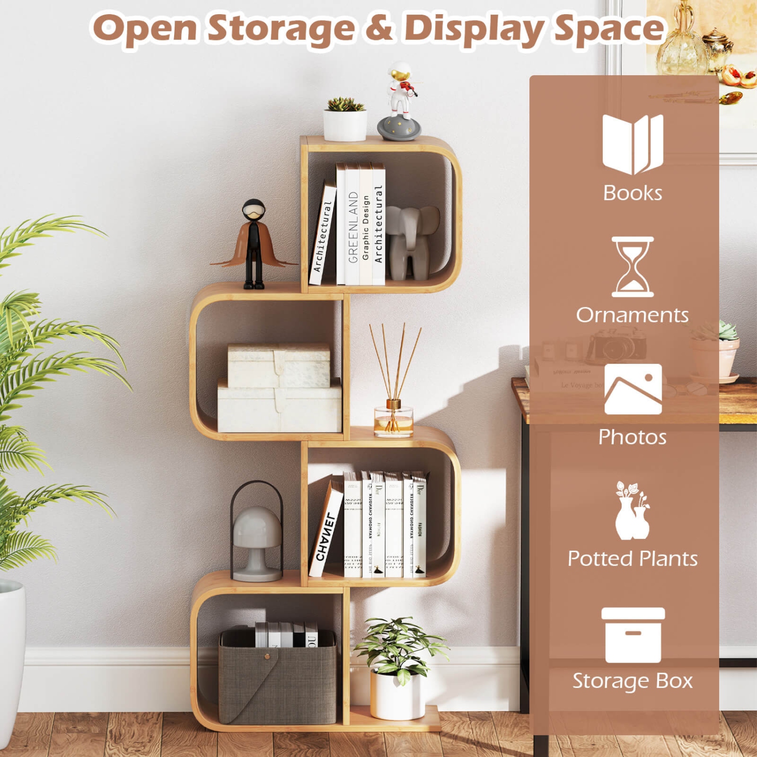 Costway 1/2 PCS 4-Tier S-Shaped Bookcase with 4 Open Cubes Geometric Corner Display Shelf