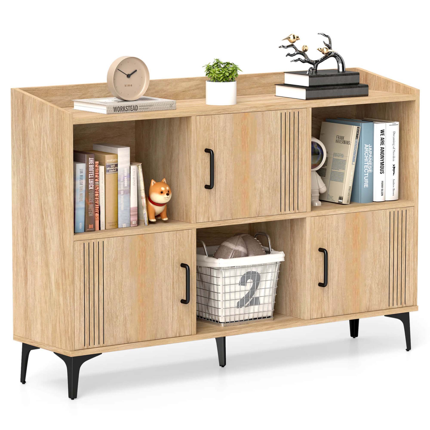 Armoire de rangement de 47&nbsp;po de largeur de Costway Home Grande bibliothèque avec 3 armoires à porte et tablettes ouvertes