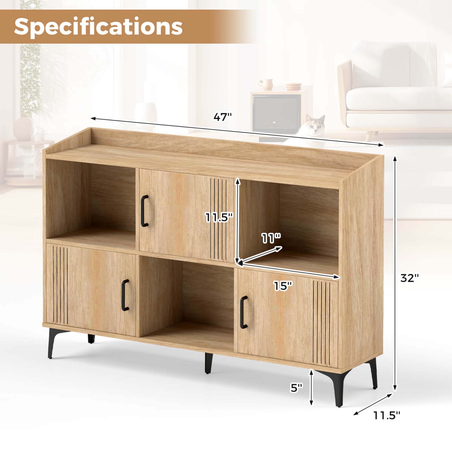 Armoire de rangement de 47 po de largeur de Costway Home Grande bibliothèque avec 3 armoires à porte et tablettes ouvertes