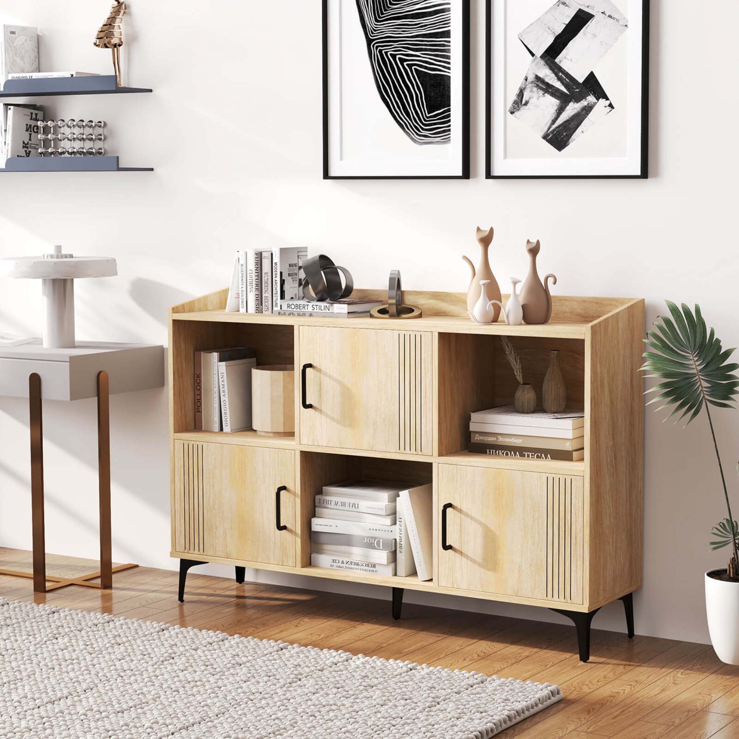 Armoire de rangement de 47 po de largeur de Costway Home Grande bibliothèque avec 3 armoires à porte et tablettes ouvertes