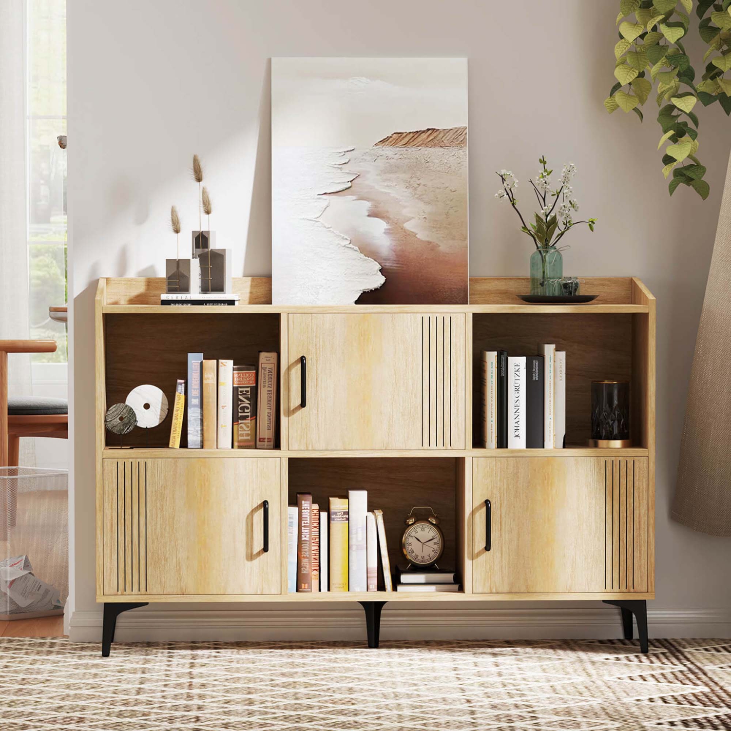 Armoire de rangement de 47 po de largeur de Costway Home Grande bibliothèque avec 3 armoires à porte et tablettes ouvertes