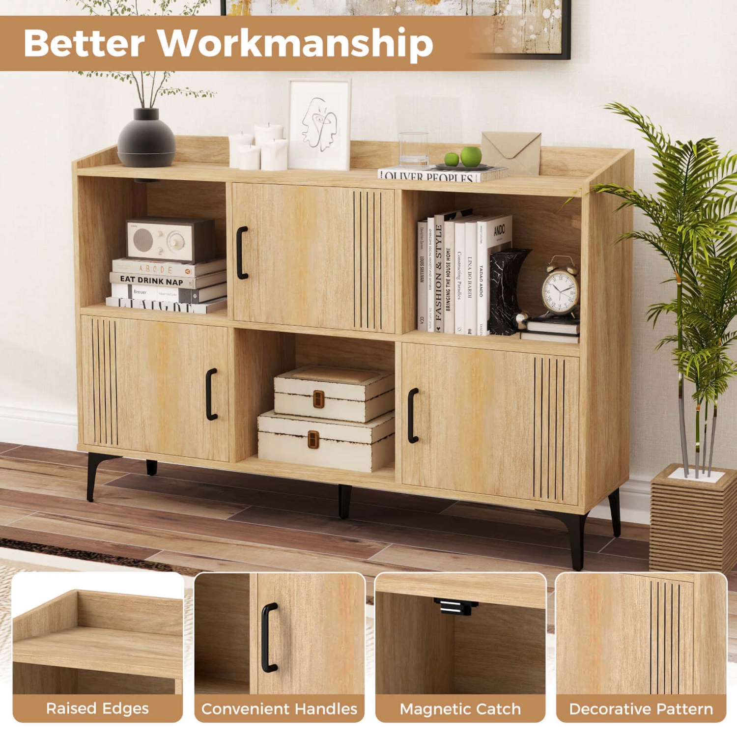 Armoire de rangement de 47 po de largeur de Costway Home Grande bibliothèque avec 3 armoires à porte et tablettes ouvertes