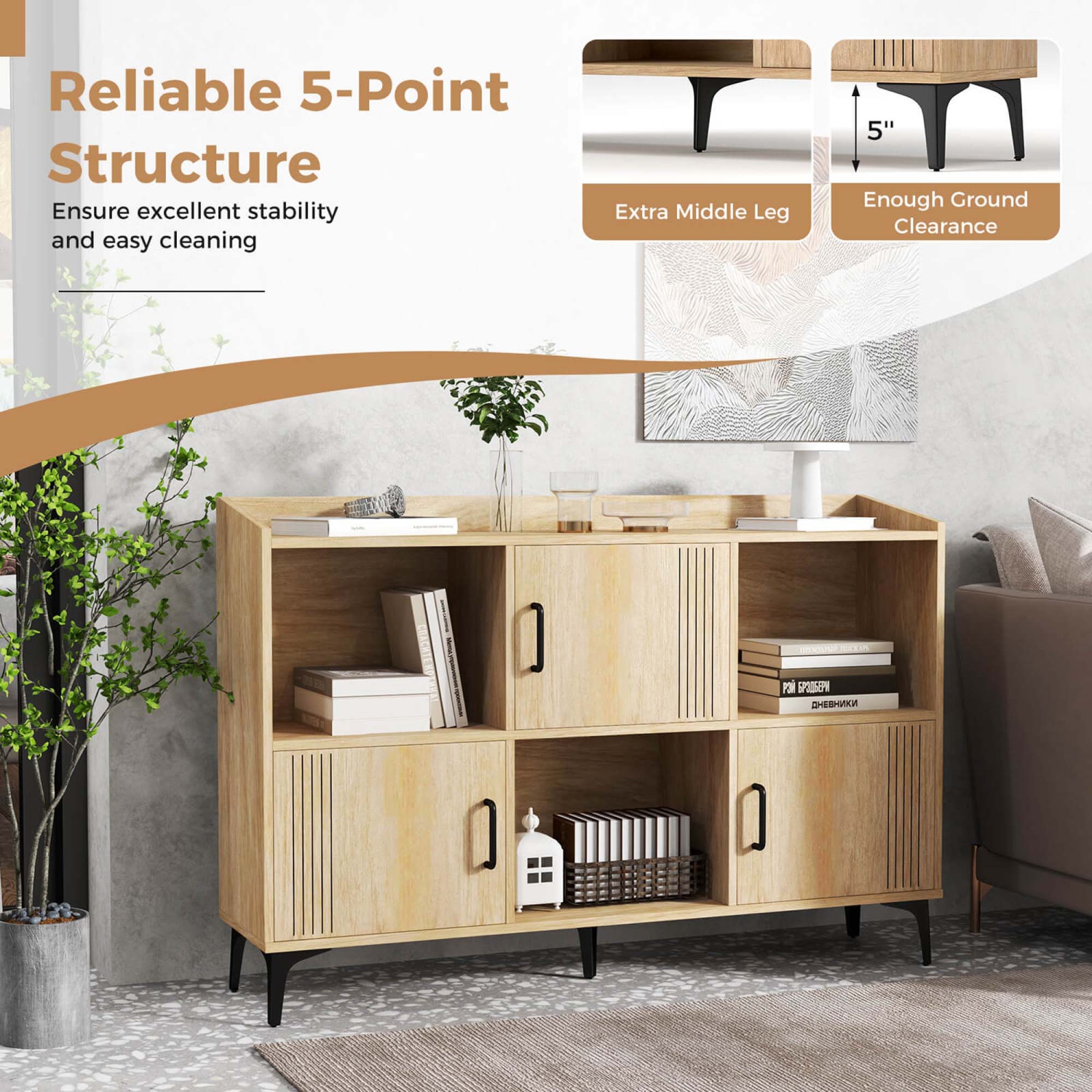 Armoire de rangement de 47 po de largeur de Costway Home Grande bibliothèque avec 3 armoires à porte et tablettes ouvertes