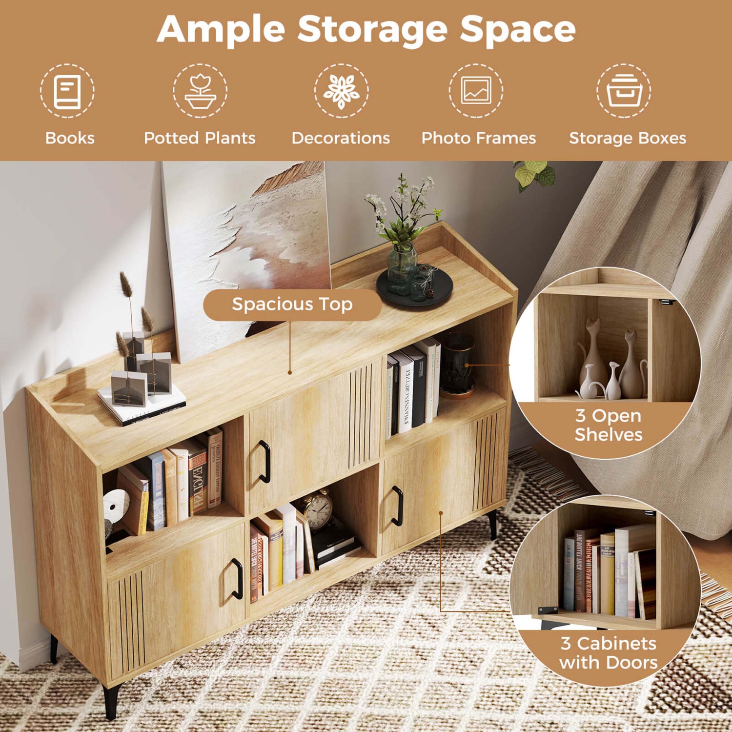 Armoire de rangement de 47 po de largeur de Costway Home Grande bibliothèque avec 3 armoires à porte et tablettes ouvertes