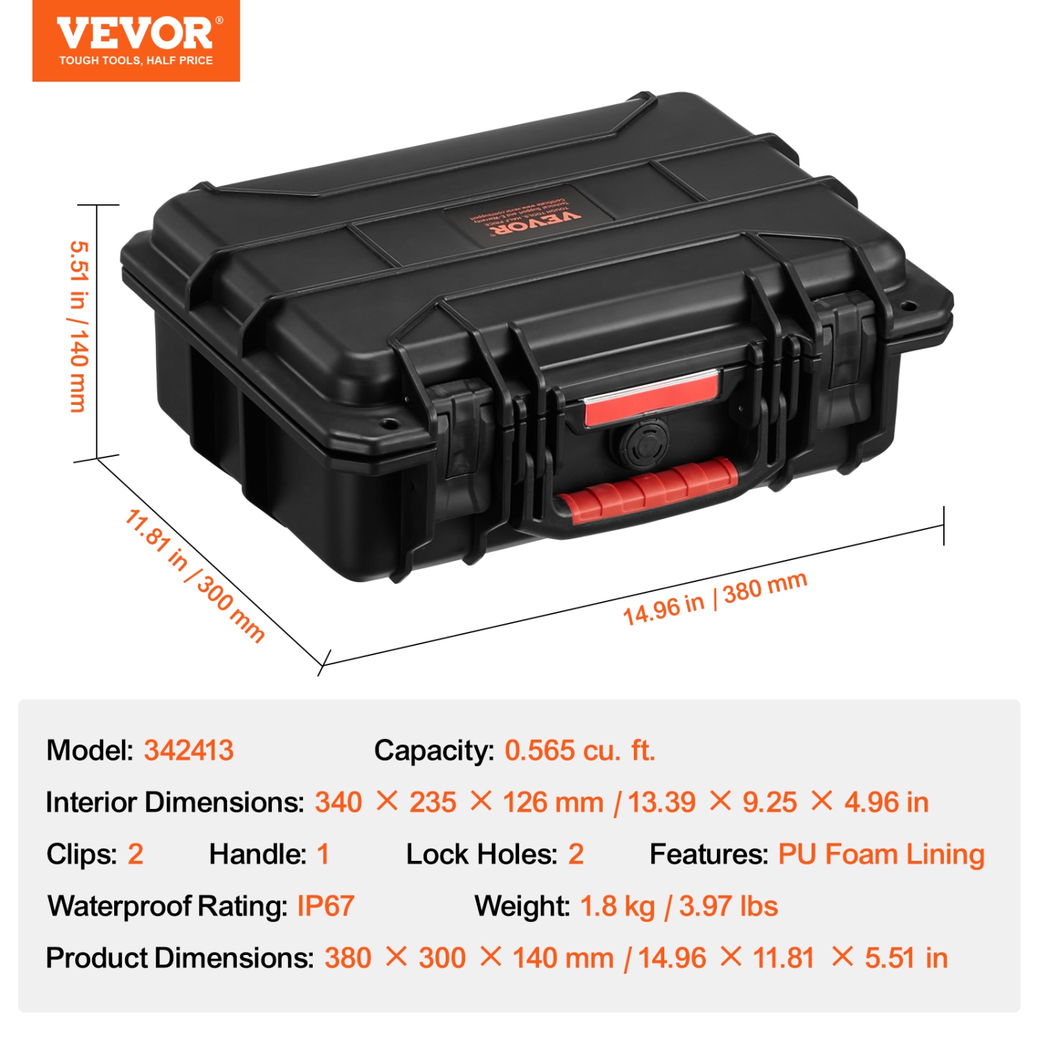 VEVOR 40x32x16.6 Weatherproof Hard Case, Heavy Duty Protective Dry Box Case with Pre-cut Foam, and Retractable Pull Handles for Travel, Hunting,