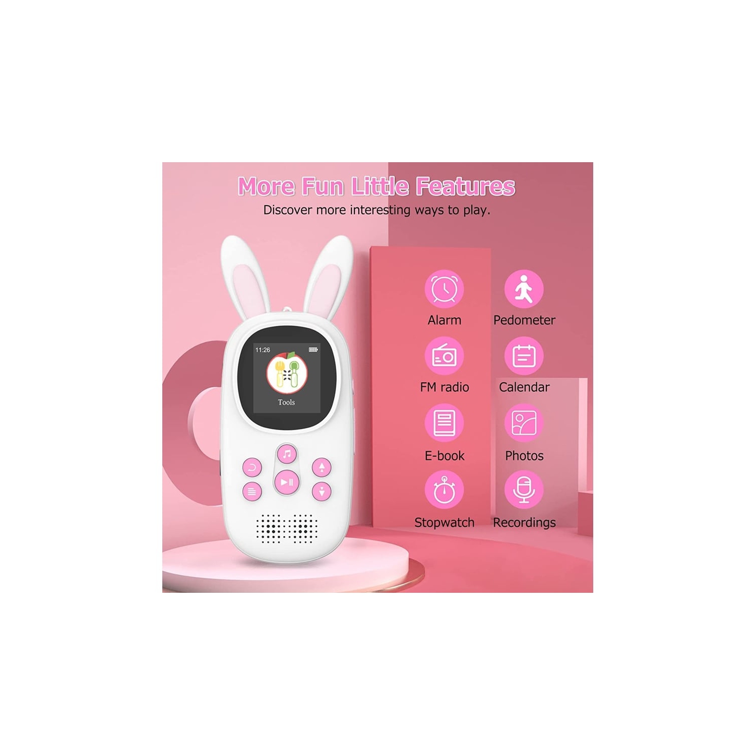 Children's MP3 player - 64GB memory, Bluetooth 5.0, Hi-Fi sound quality, long battery life, Digital audio player, portable media player，pink