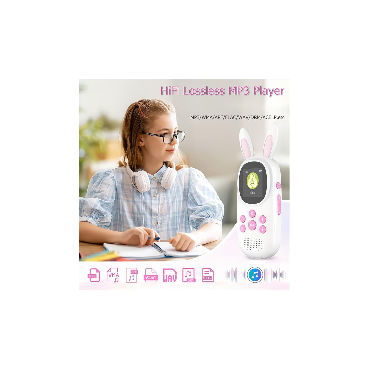 Children's MP3 player - 64GB memory, Bluetooth 5.0, Hi-Fi sound quality, long battery life, Digital audio player, portable media player，pink