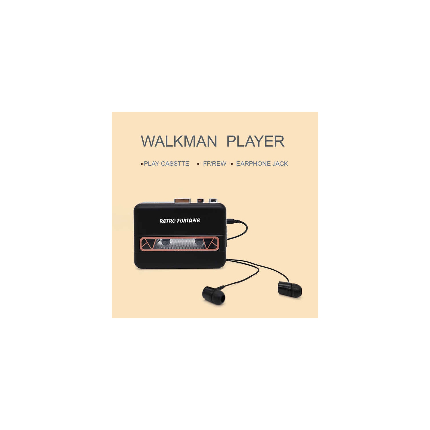 Retro Portable Cassette Player - Vintage-Style, Features FF/REW & Headphone Jack-black