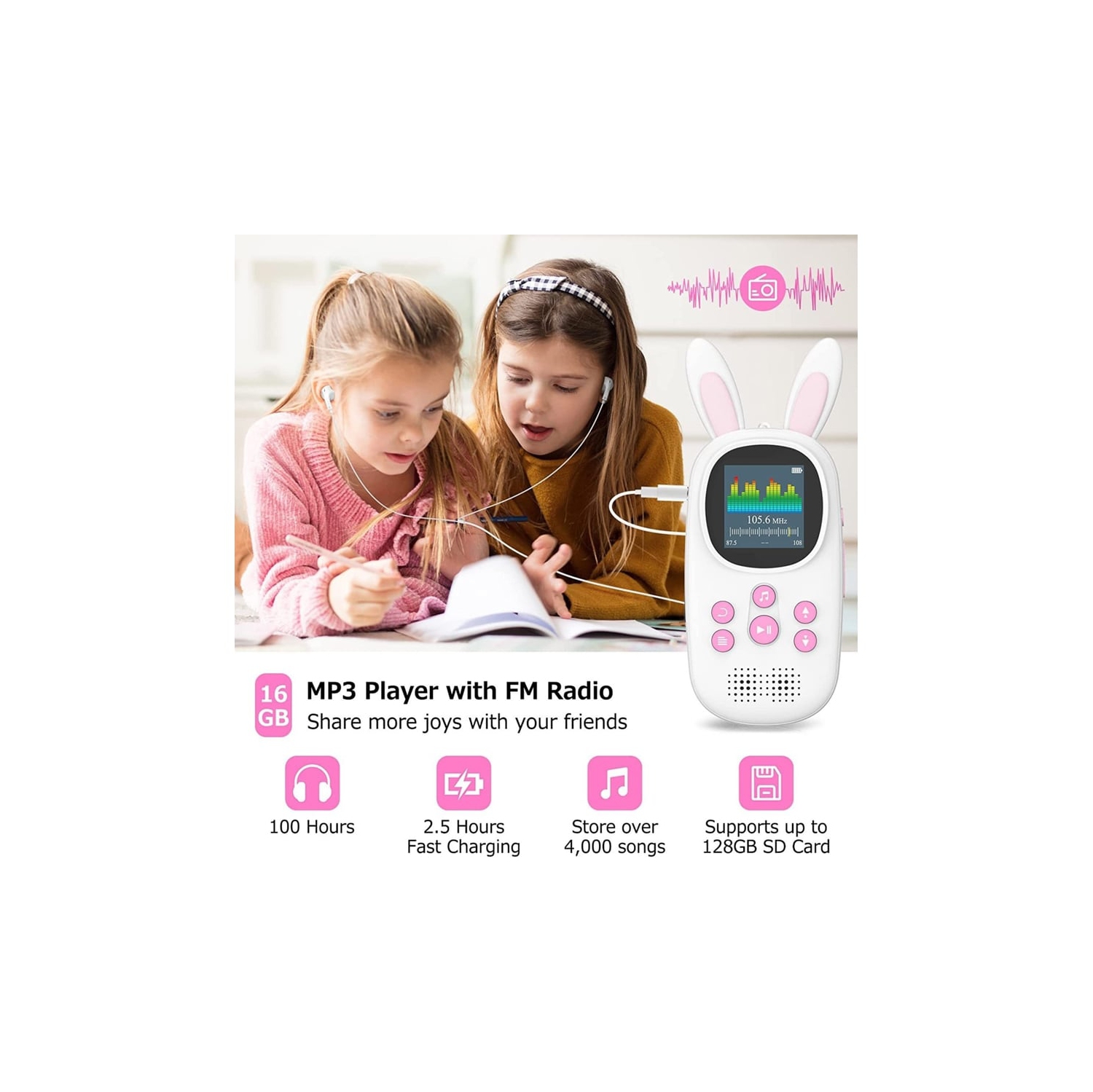 Children's MP3 player - 32GB memory, Bluetooth 5.0, Hi-Fi sound quality, long battery life, Digital audio player, portable media player，pink