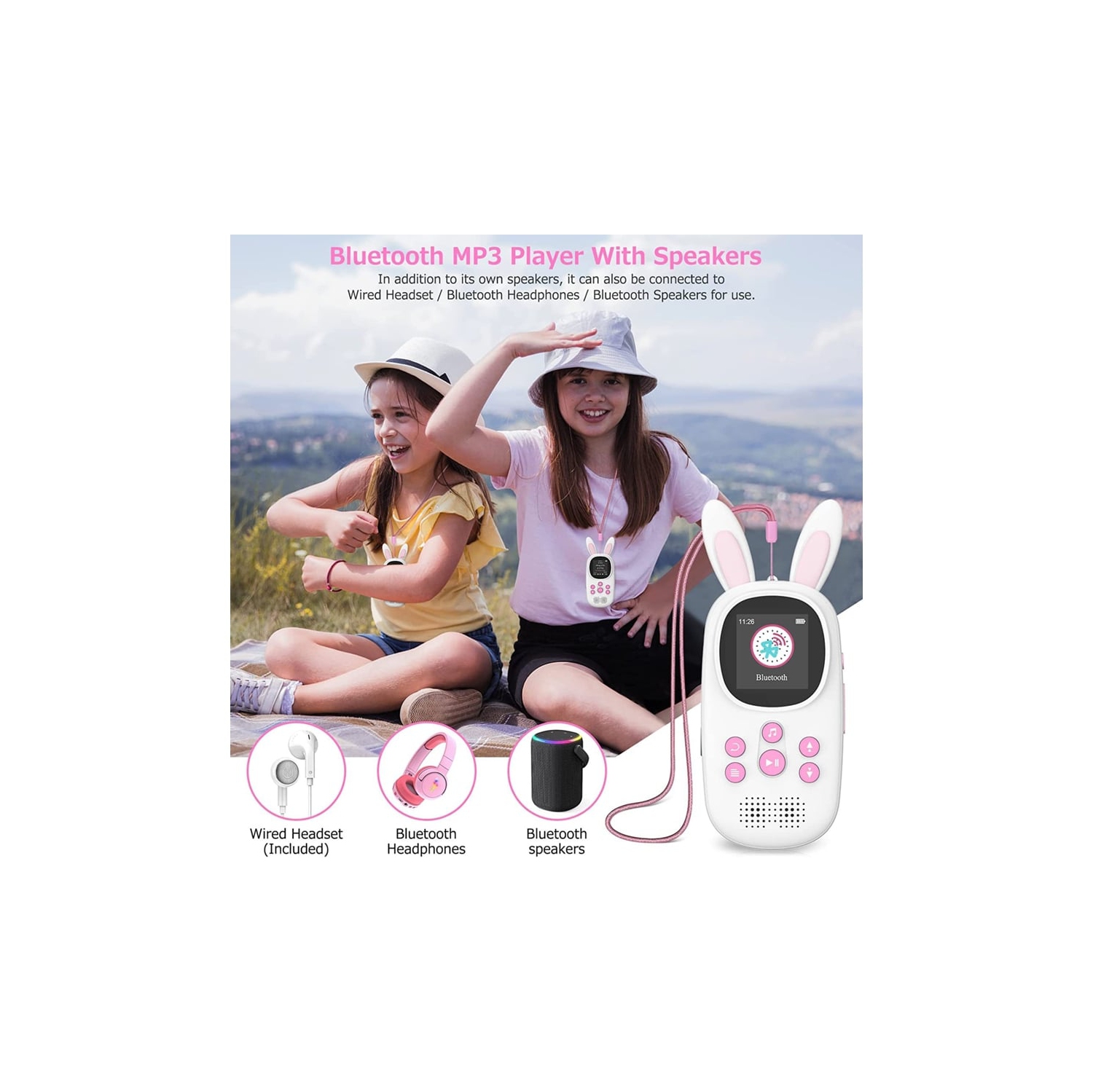 Children's MP3 player - 32GB memory, Bluetooth 5.0, Hi-Fi sound quality, long battery life, Digital audio player, portable media player，pink
