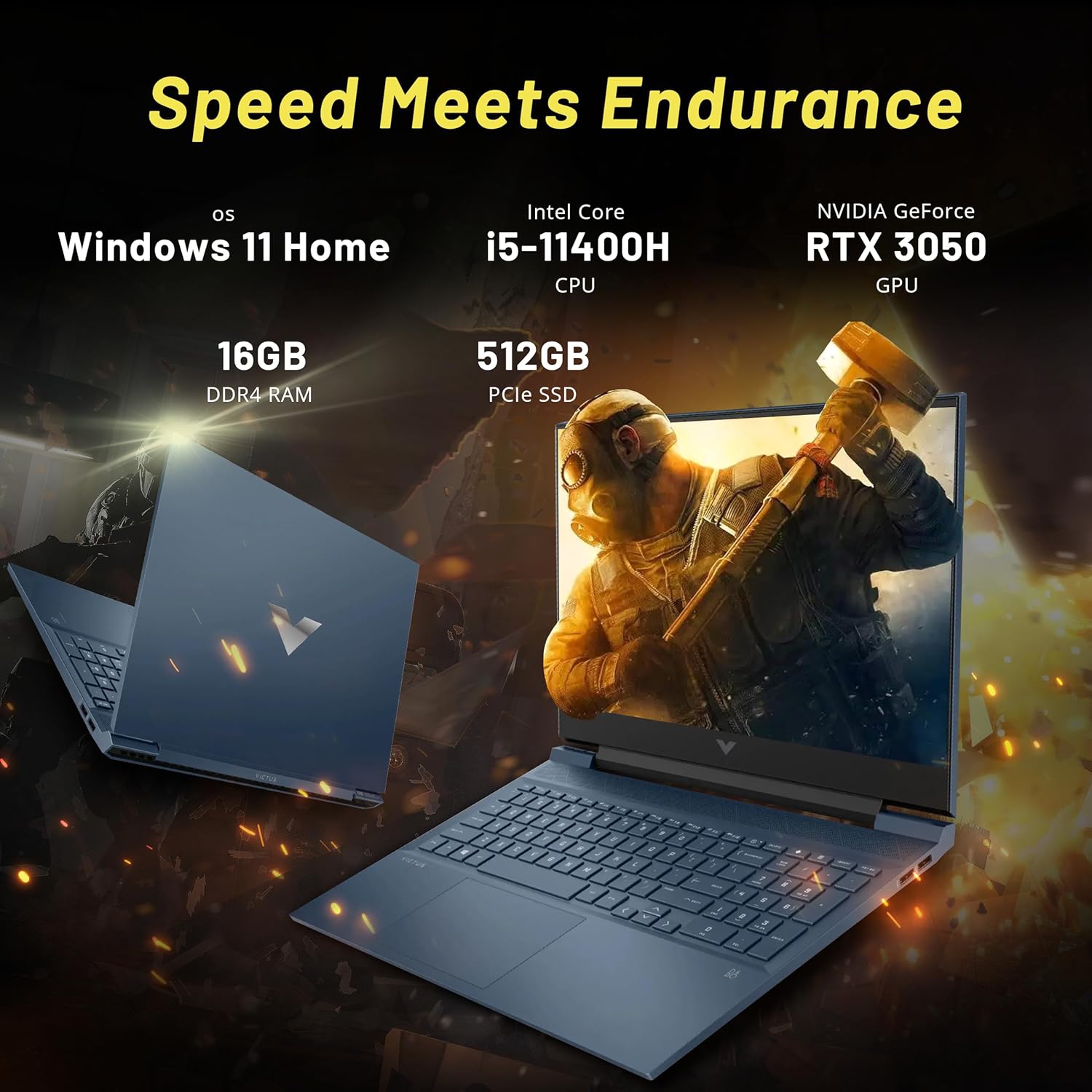 Refurbished - HP Victus 16.1" FHD IPS Gaming Laptop, Intel i5-11400H, 512GB SSD, 16GB RAM, GeForce RTX 3050, Backlit KB, B&O Audio, Fast Charge,