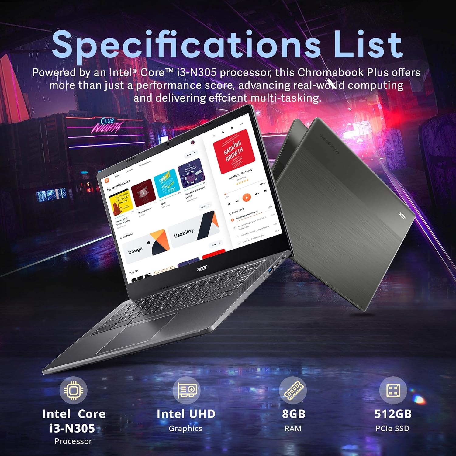 Open Box - Acer Chromebook Plus 14" FHD Touchscreen Laptop, Intel i3-N305 Processor, 512GB SSD, 8GB LPDDR5 RAM, Intel UHD Graphics, 1080p Webcam,