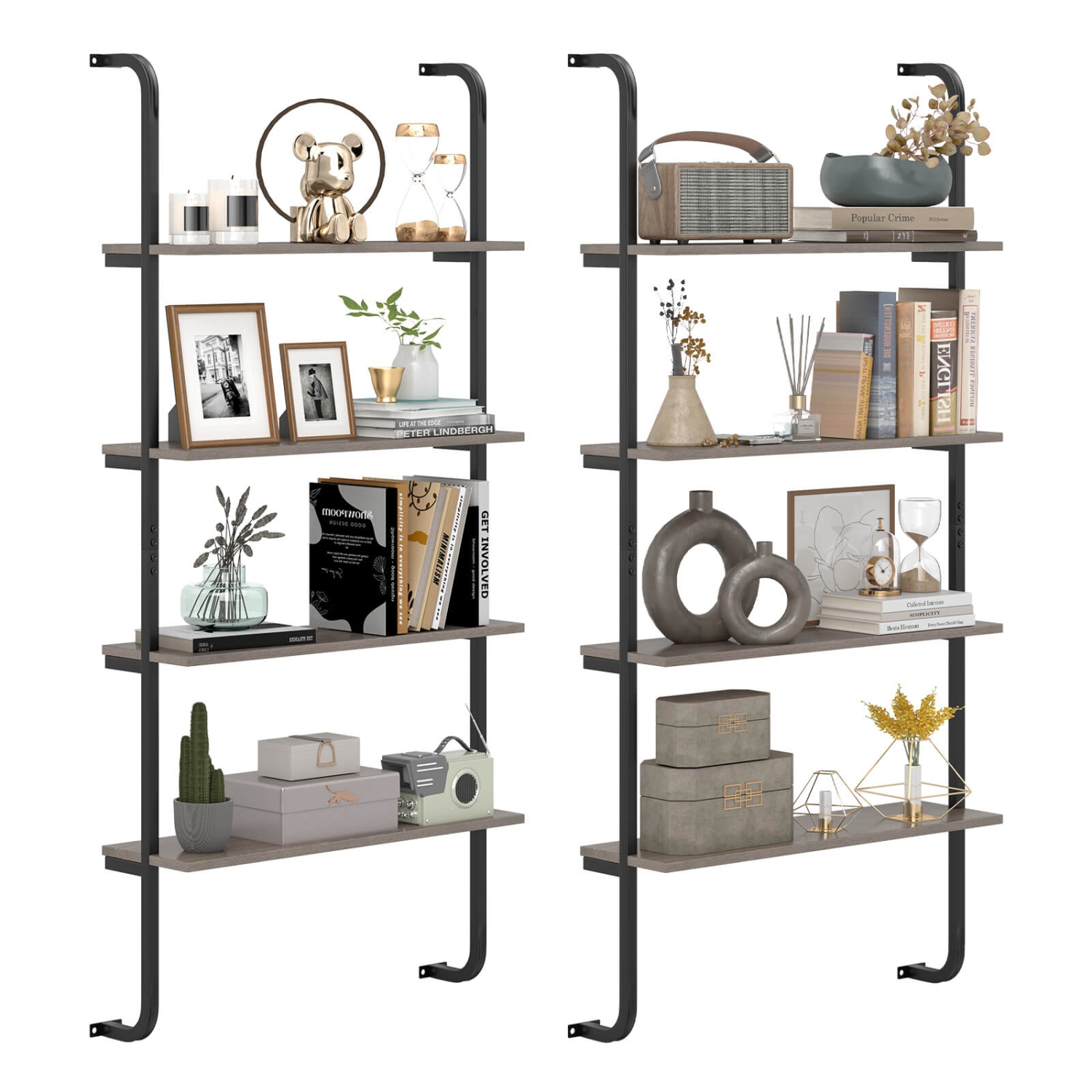 Costway 2 PCS 4-Tier Wall-mounted Ladder Shelf Display Bookshelf with Heavy-duty Metal Frame