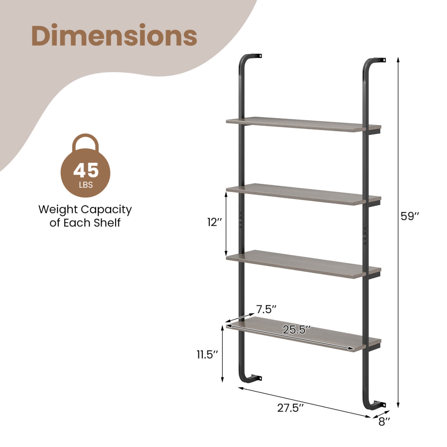 Costway 2 PCS 4-Tier Wall-mounted Ladder Shelf Display Bookshelf with Heavy-duty Metal Frame