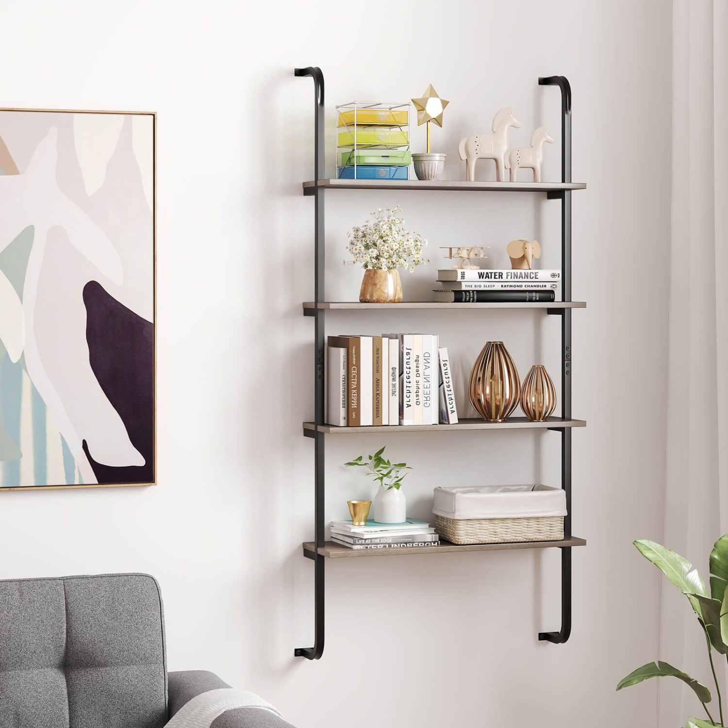 Costway 2 PCS 4-Tier Wall-mounted Ladder Shelf Display Bookshelf with Heavy-duty Metal Frame