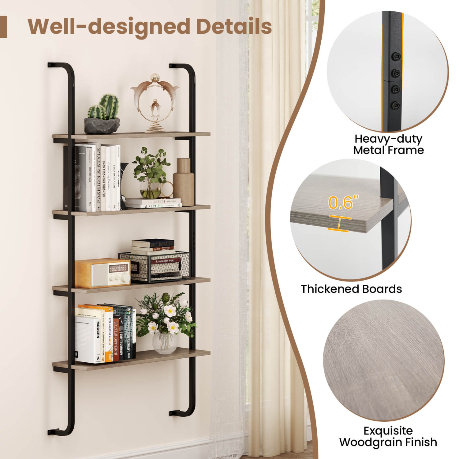 Costway 2 PCS 4-Tier Wall-mounted Ladder Shelf Display Bookshelf with Heavy-duty Metal Frame