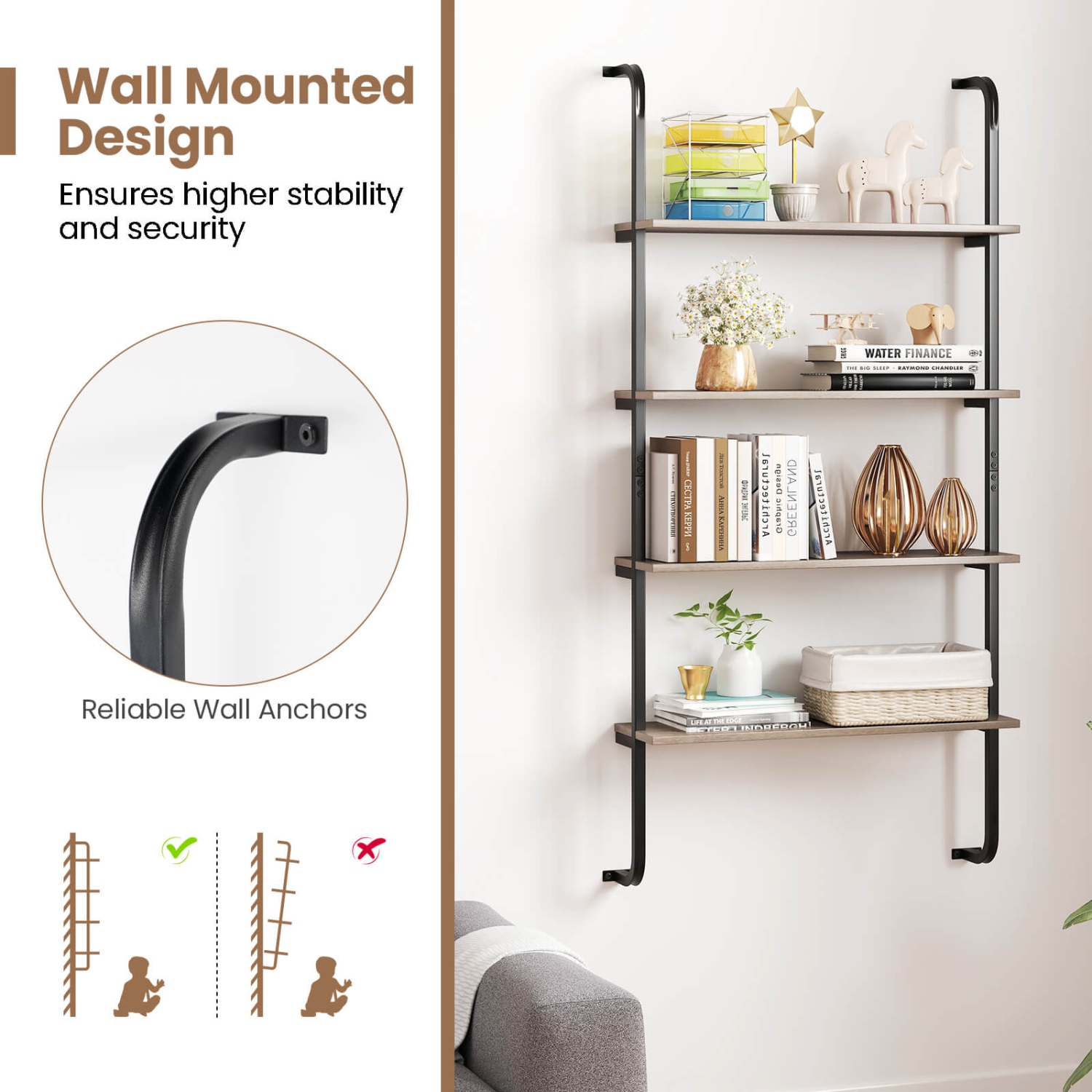 Costway 2 PCS 4-Tier Wall-mounted Ladder Shelf Display Bookshelf with Heavy-duty Metal Frame