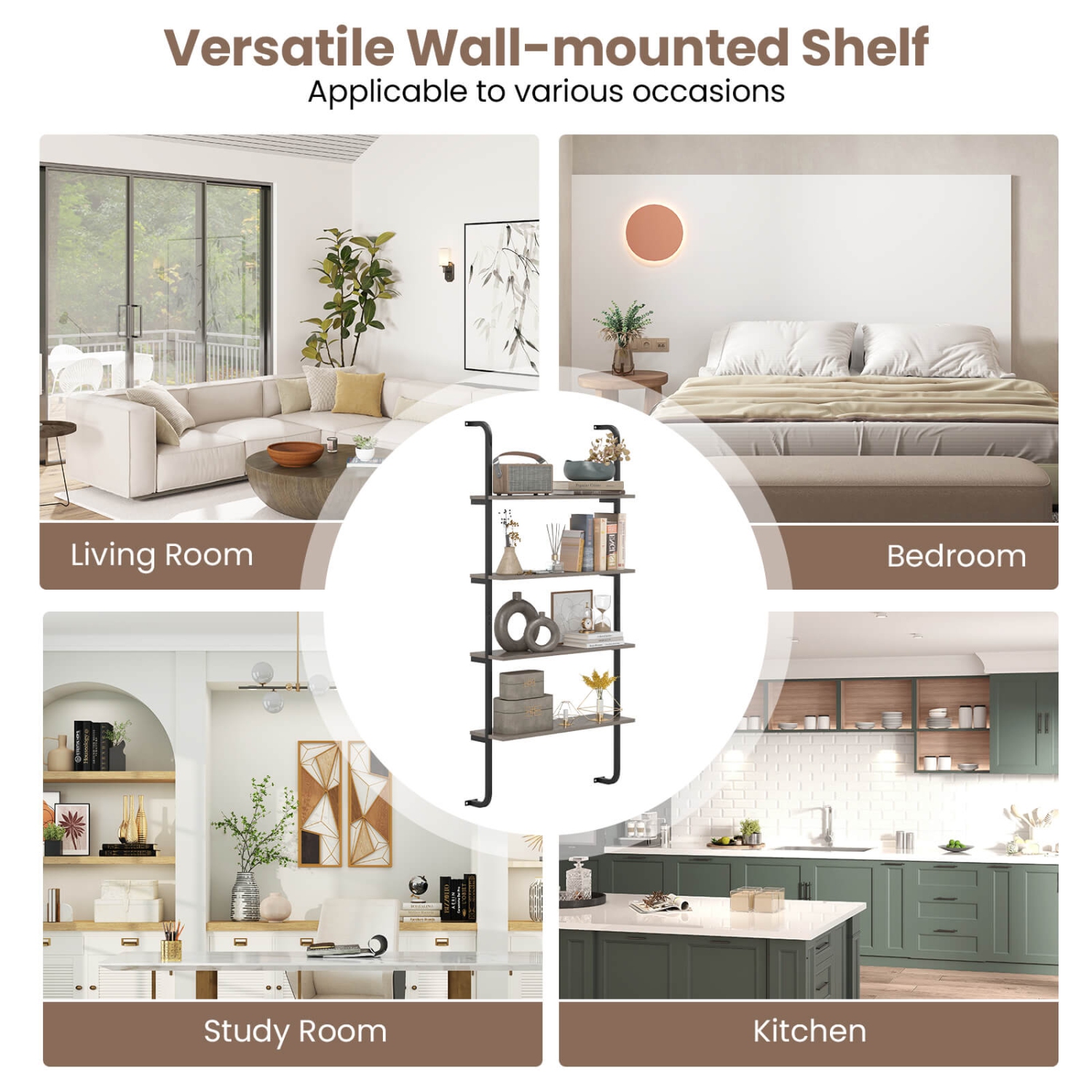 Costway 2 PCS 4-Tier Wall-mounted Ladder Shelf Display Bookshelf with Heavy-duty Metal Frame