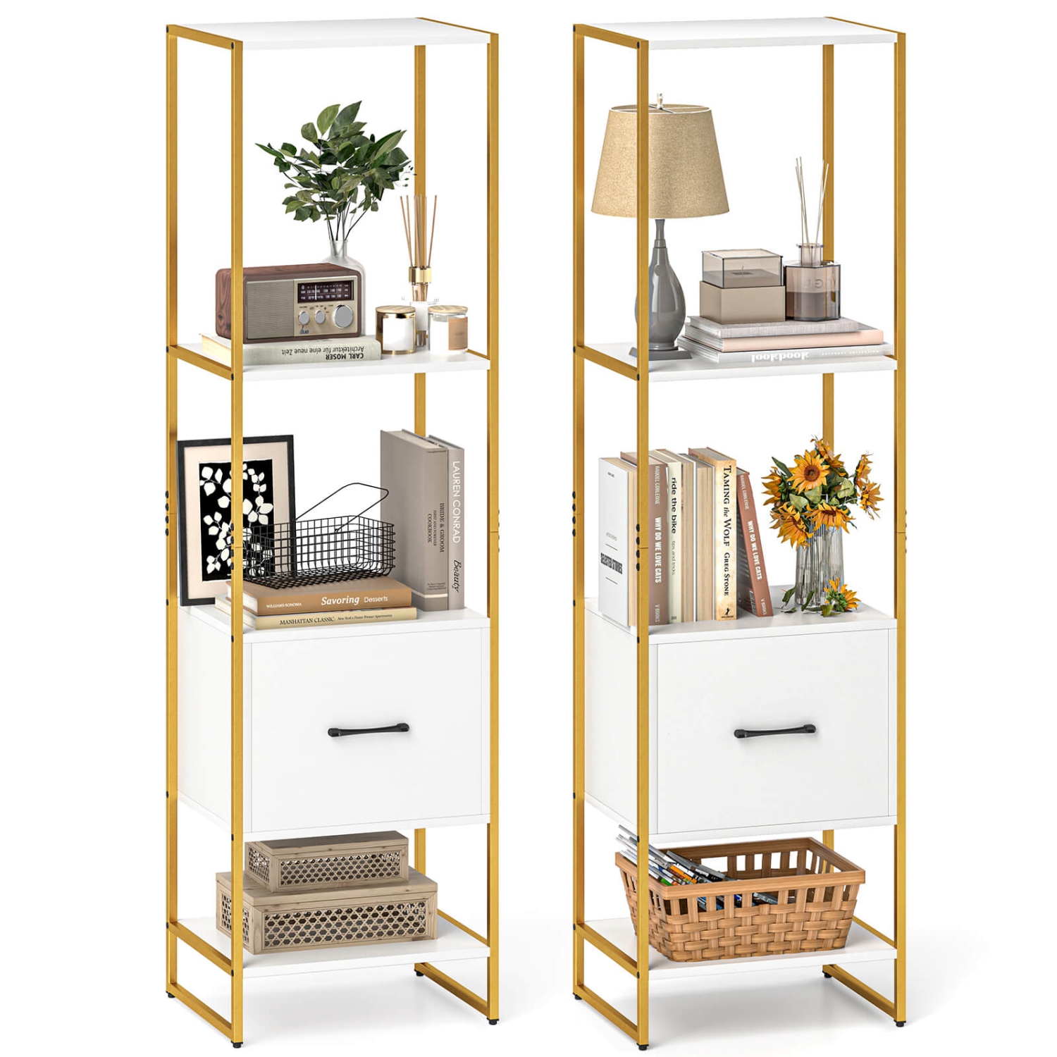 Costway 2 PCS 5-Tier Bookshelf with 4 Open Shelves Storage Drawer Book Storage Organizer White