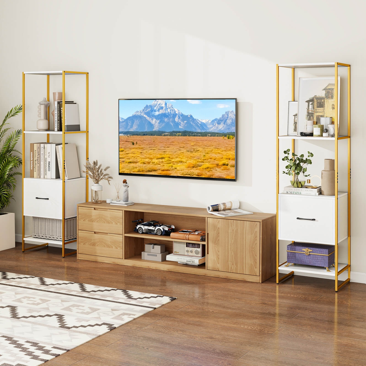 Costway 2 PCS 5-Tier Bookshelf with 4 Open Shelves Storage Drawer Book Storage Organizer White