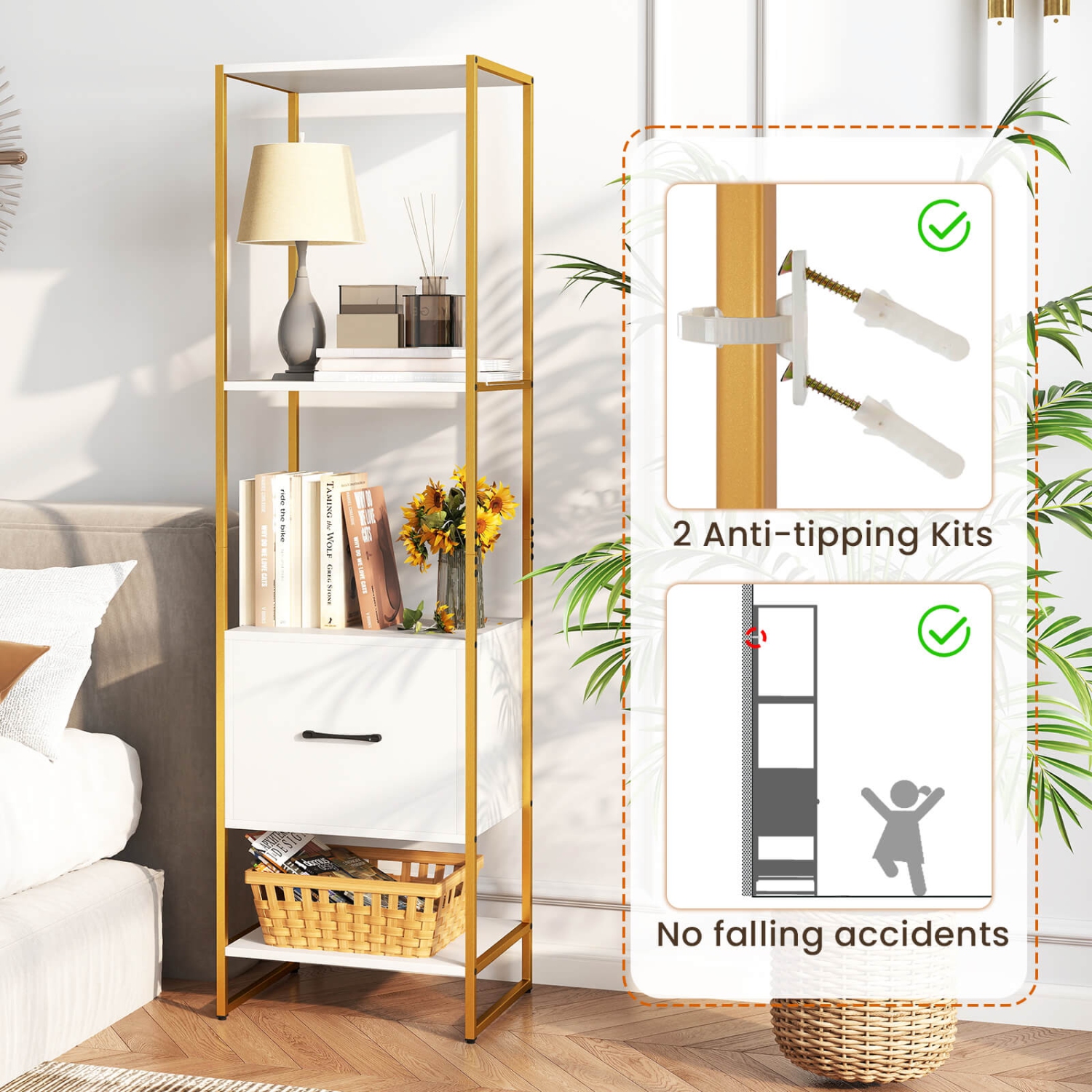 Costway 2 PCS 5-Tier Bookshelf with 4 Open Shelves Storage Drawer Book Storage Organizer White