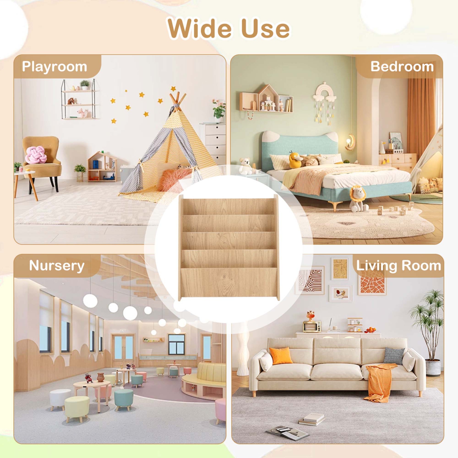 Costway 4-tier Kids Wooden Bookshelf Toddlers Book Rack with Deep Shelves Natural/White