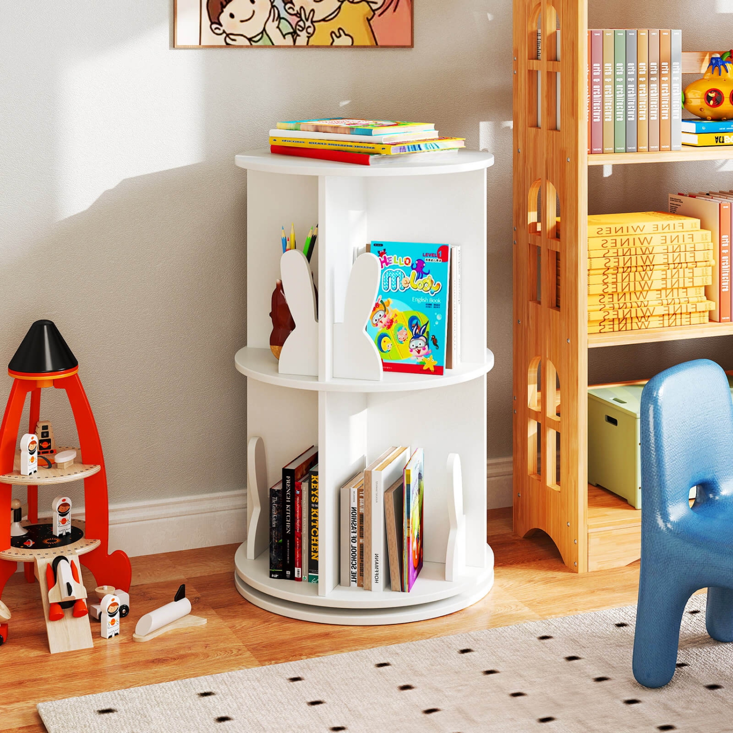 Étagère de rangement rotative à 2 tablettes pour enfants avec présentoir autoportant pivotant à 360° de Costway, blanc/rose