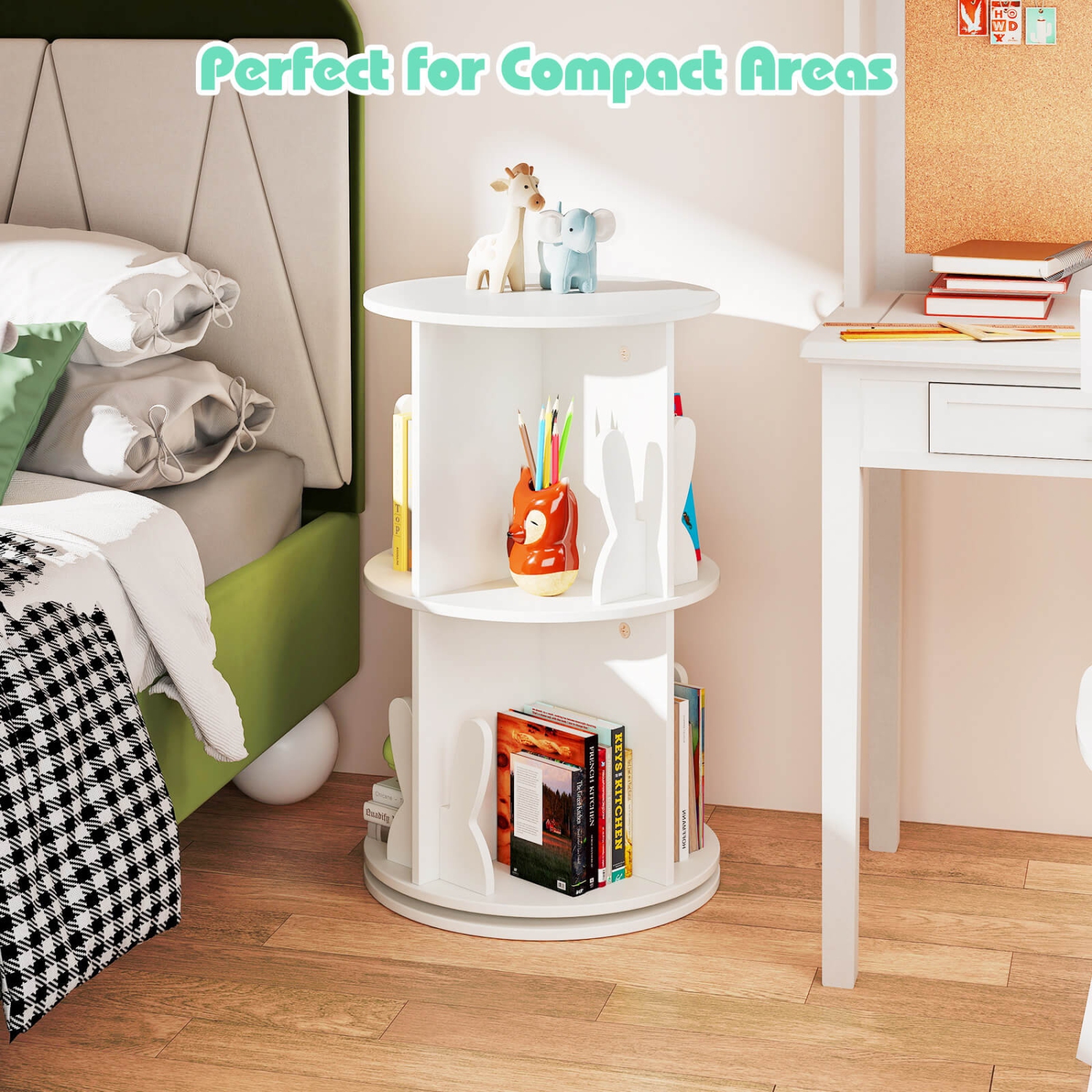 Étagère de rangement rotative à 2 tablettes pour enfants avec présentoir autoportant pivotant à 360° de Costway, blanc/rose