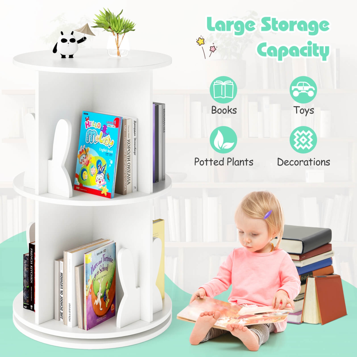 Étagère de rangement rotative à 2 tablettes pour enfants avec présentoir autoportant pivotant à 360° de Costway, blanc/rose