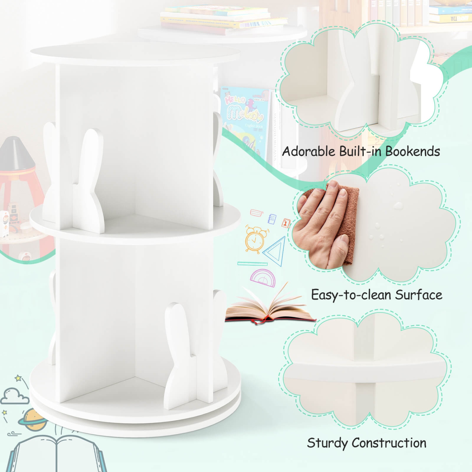 Étagère de rangement rotative à 2 tablettes pour enfants avec présentoir autoportant pivotant à 360° de Costway, blanc/rose